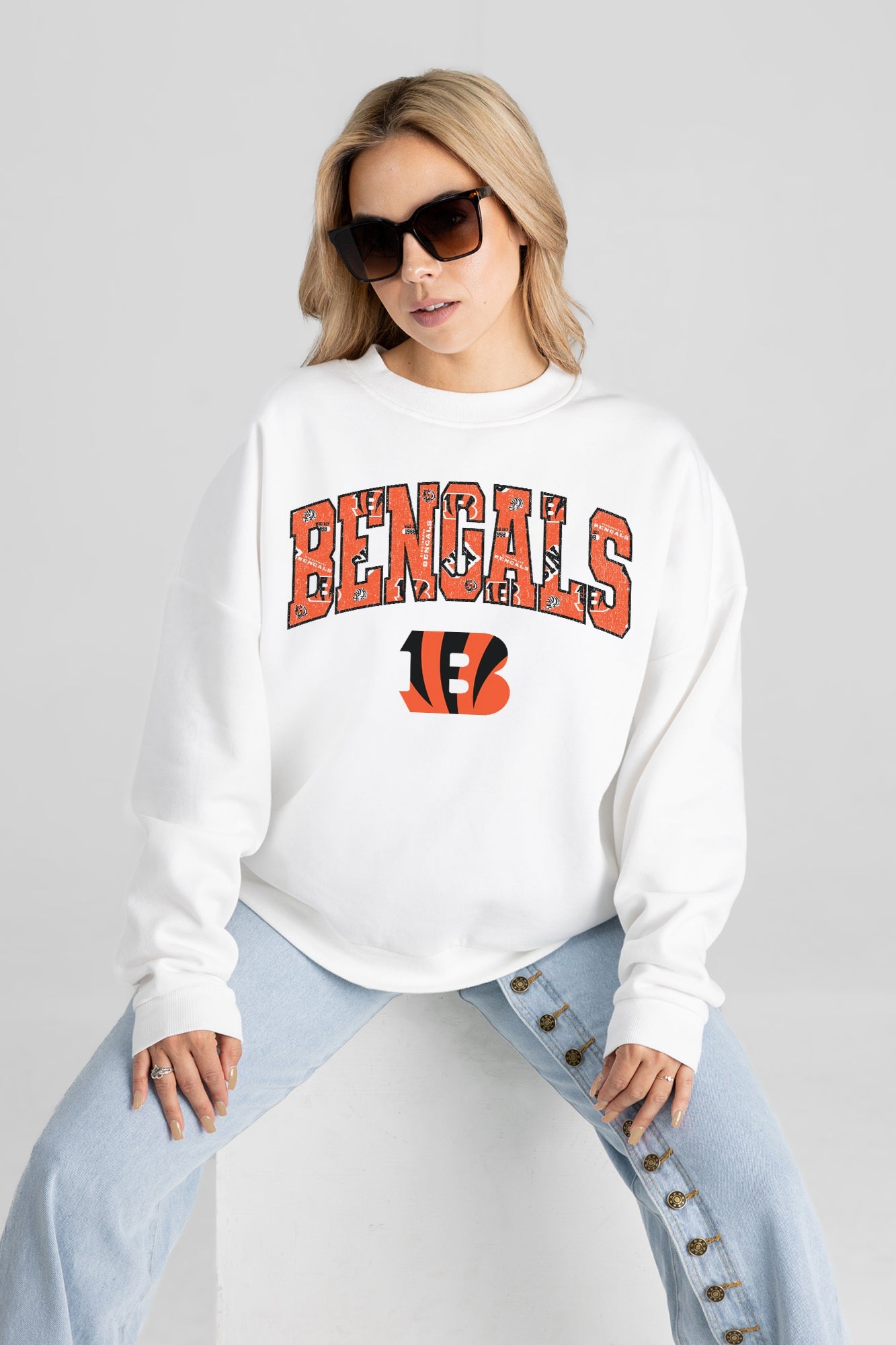 CINCINNATI BENGALS SWEET PLAY PREMIUM FLEECE DROP SHOULDER CREWNECK PULLOVER