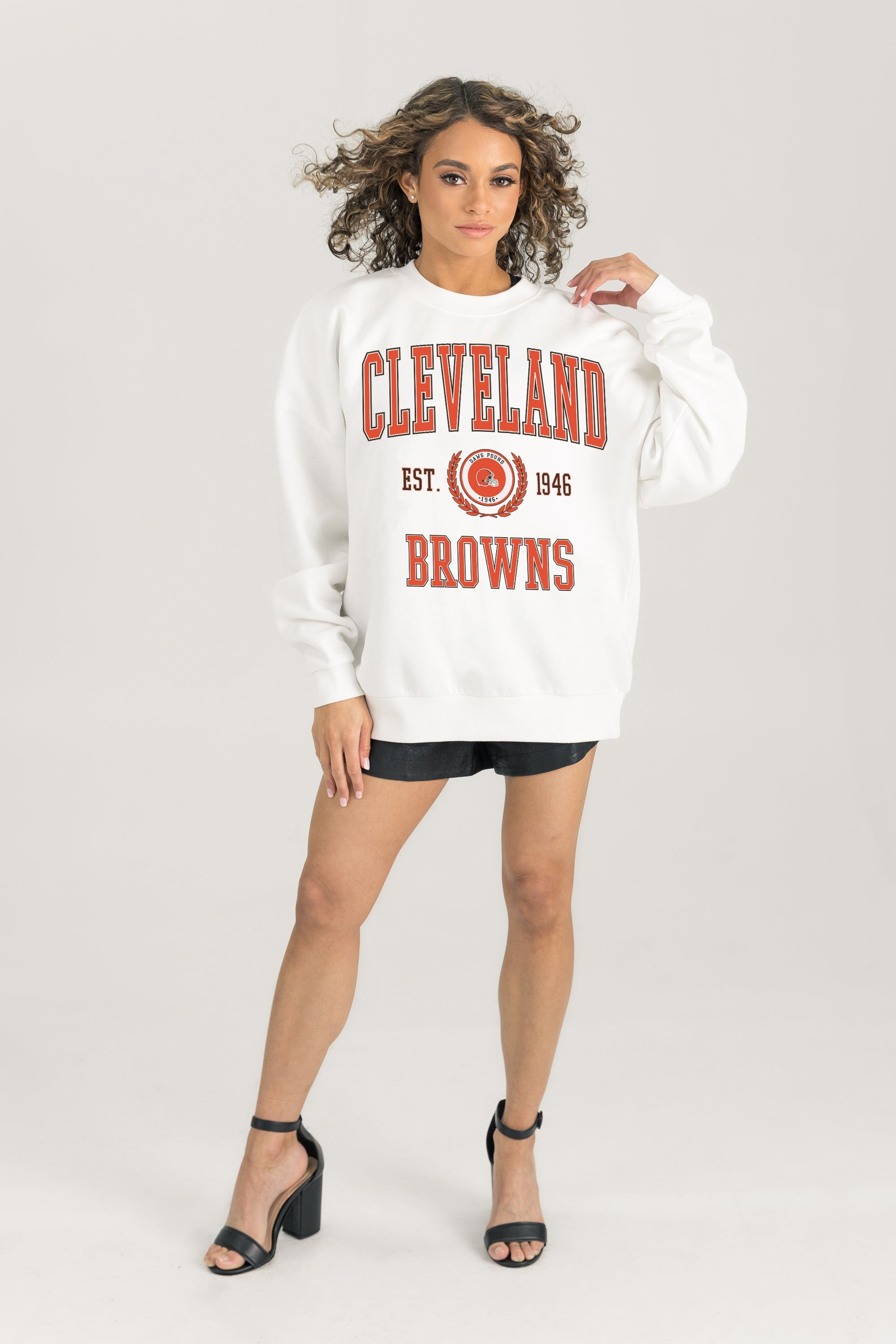 CLEVELAND BROWNS TIMELESS TRIUMPH PREMIUM FLEECE DROP SHOULDER CREWNECK PULLOVER