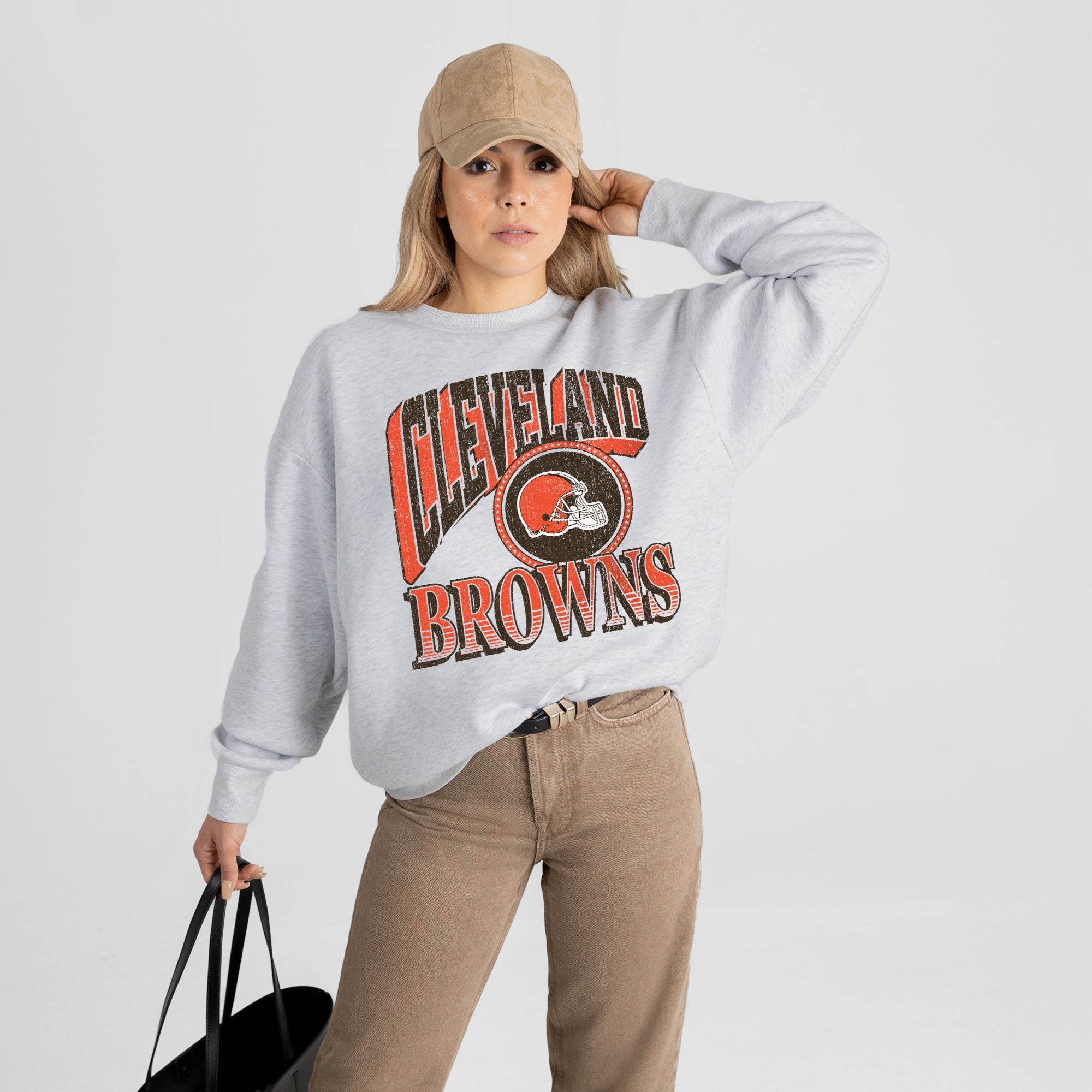 CLEVELAND BROWNS GAME ON PREMIUM FLEECE DROP SHOULDER CREWNECK PULLOVER