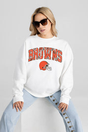 CLEVELAND BROWNS SWEET PLAY PREMIUM FLEECE DROP SHOULDER CREWNECK PULLOVER