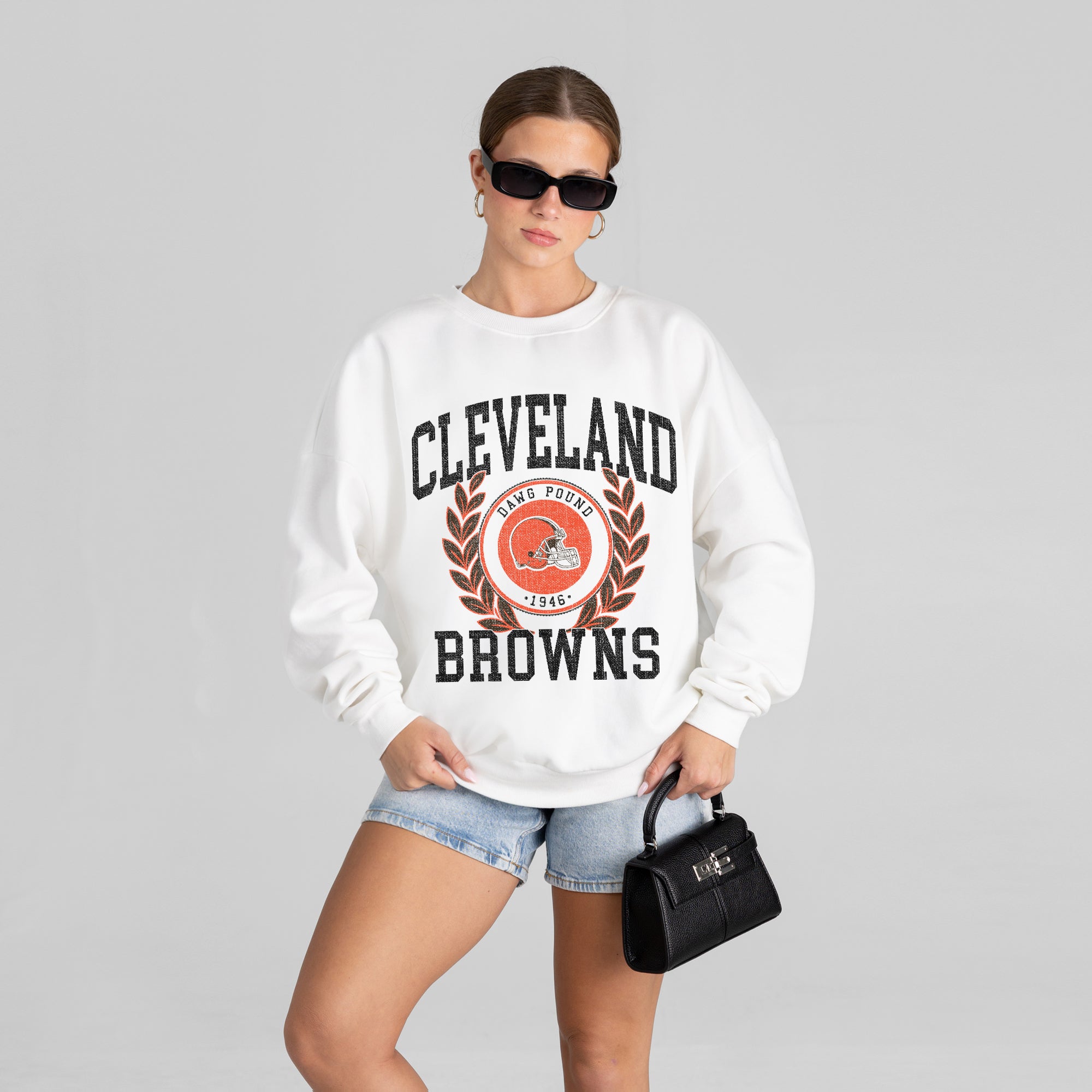 CLEVELAND BROWNS GOLD STANDARD PREMIUM FLEECE DROP SHOULDER CREWNECK PULLOVER