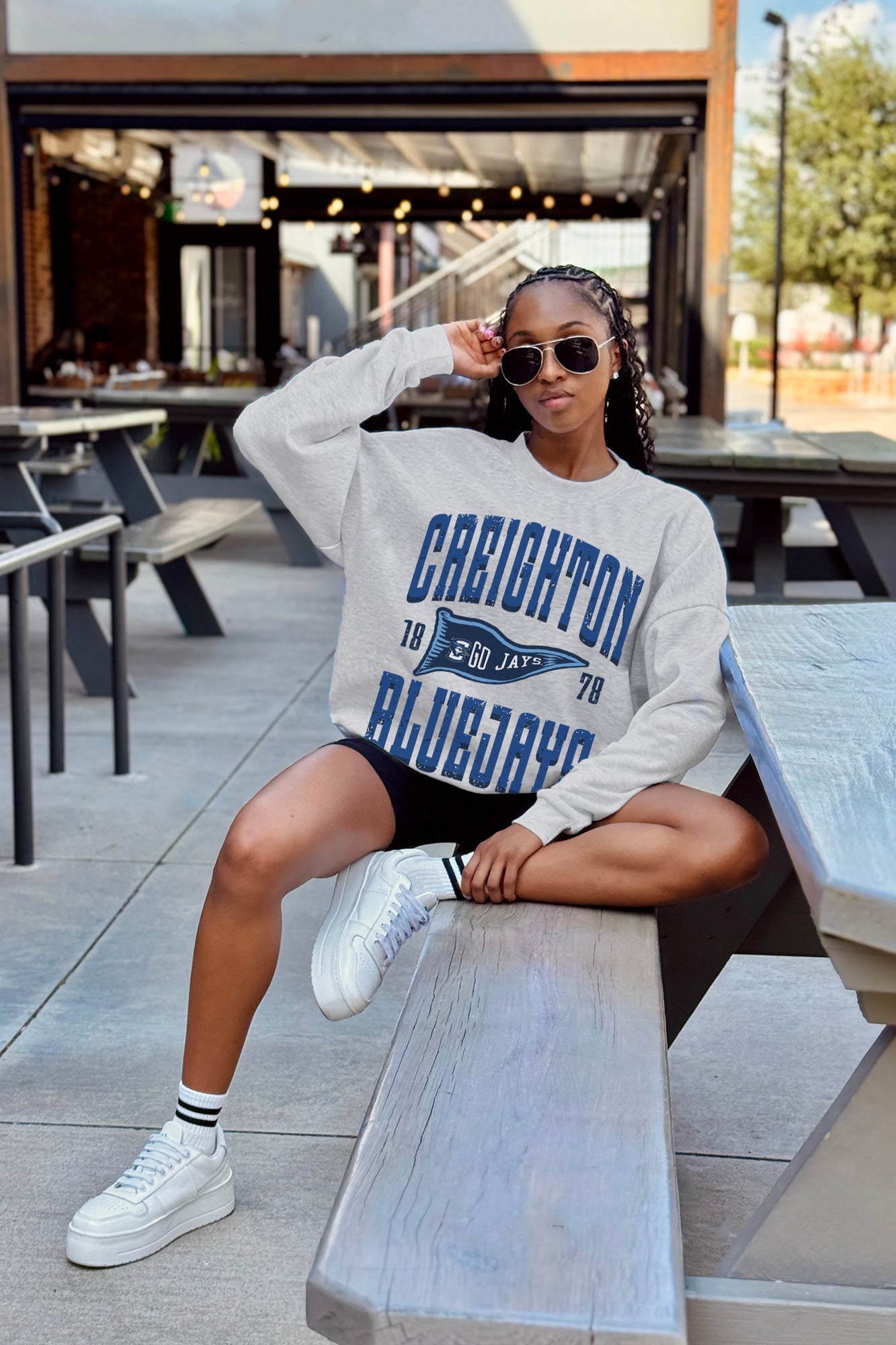 CREIGHTON BLUEJAYS PENNANT PRIDE PREMIUM FLEECE DROP SHOULDER CREWNECK PULLOVER