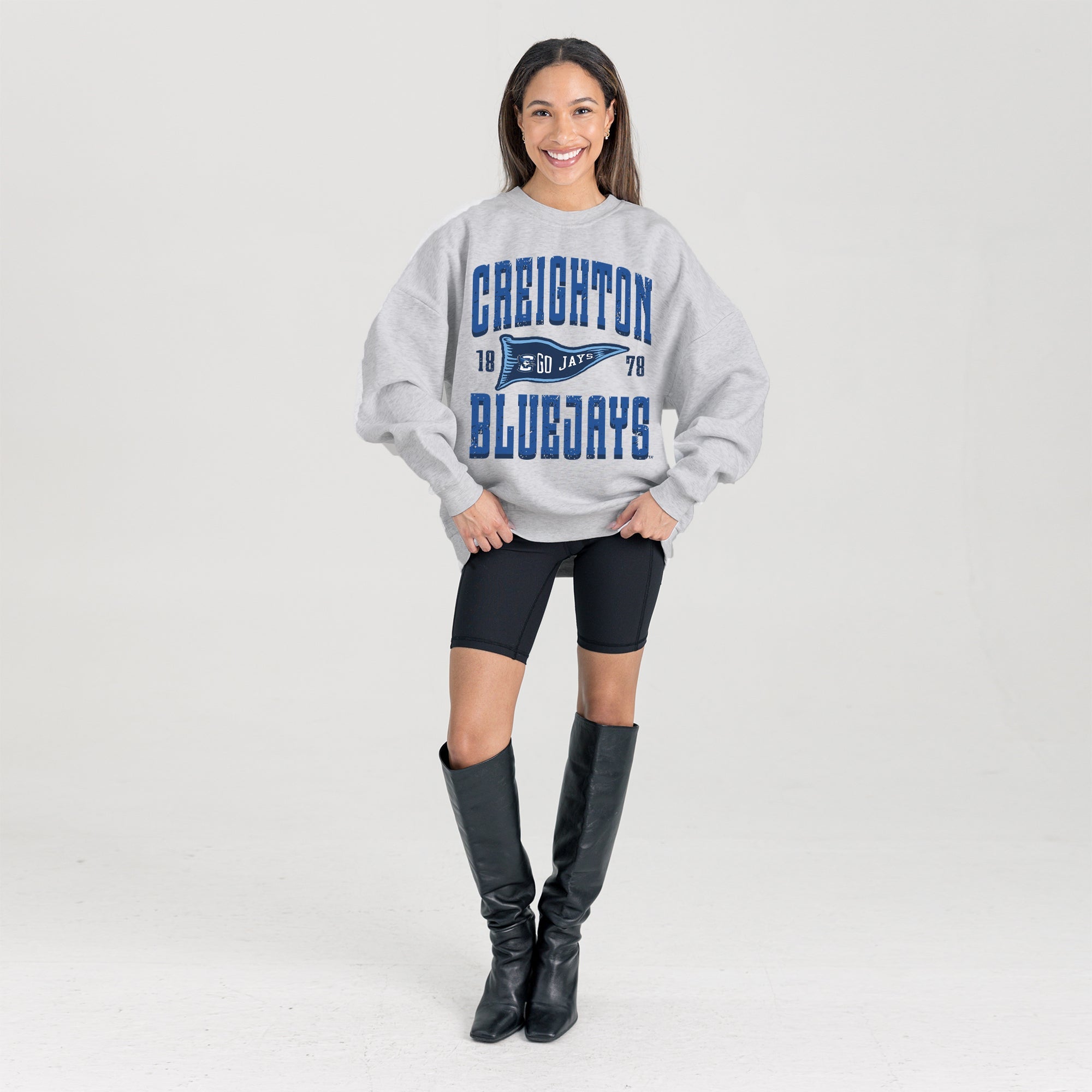 CREIGHTON BLUEJAYS PENNANT PRIDE PREMIUM FLEECE DROP SHOULDER CREWNECK PULLOVER