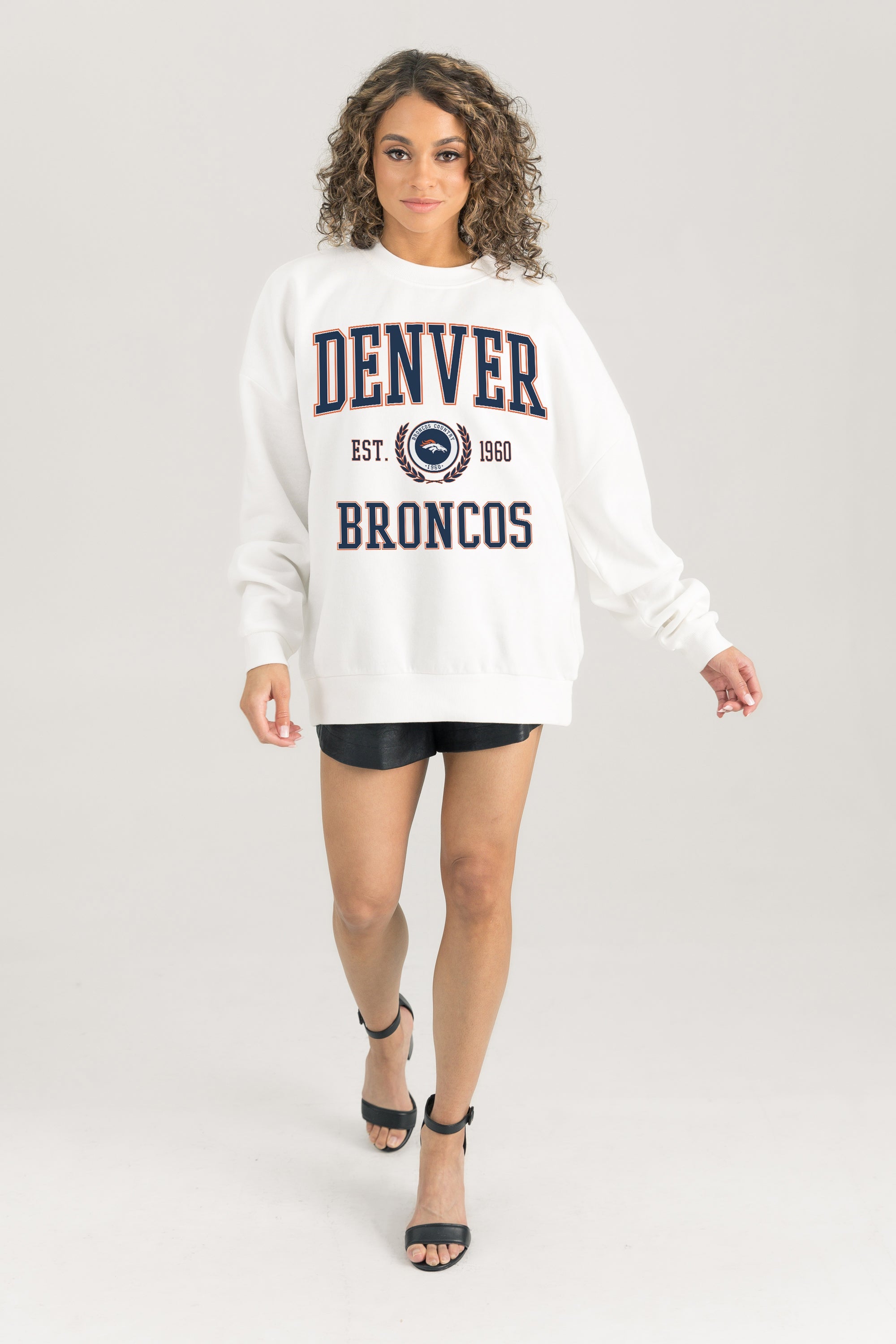 DENVER BRONCOS TIMELESS TRIUMPH PREMIUM FLEECE DROP SHOULDER CREWNECK PULLOVER