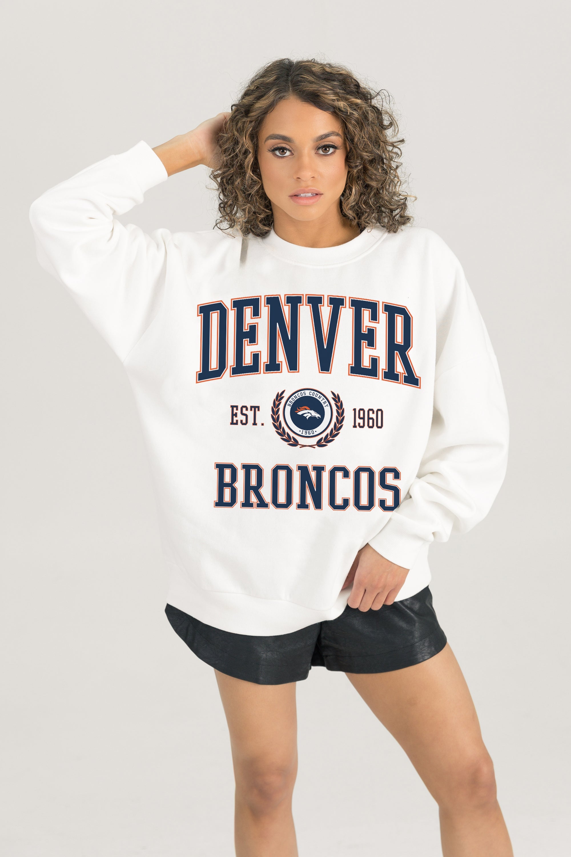 DENVER BRONCOS TIMELESS TRIUMPH PREMIUM FLEECE DROP SHOULDER CREWNECK PULLOVER