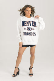 DENVER BRONCOS TIMELESS TRIUMPH PREMIUM FLEECE DROP SHOULDER CREWNECK PULLOVER
