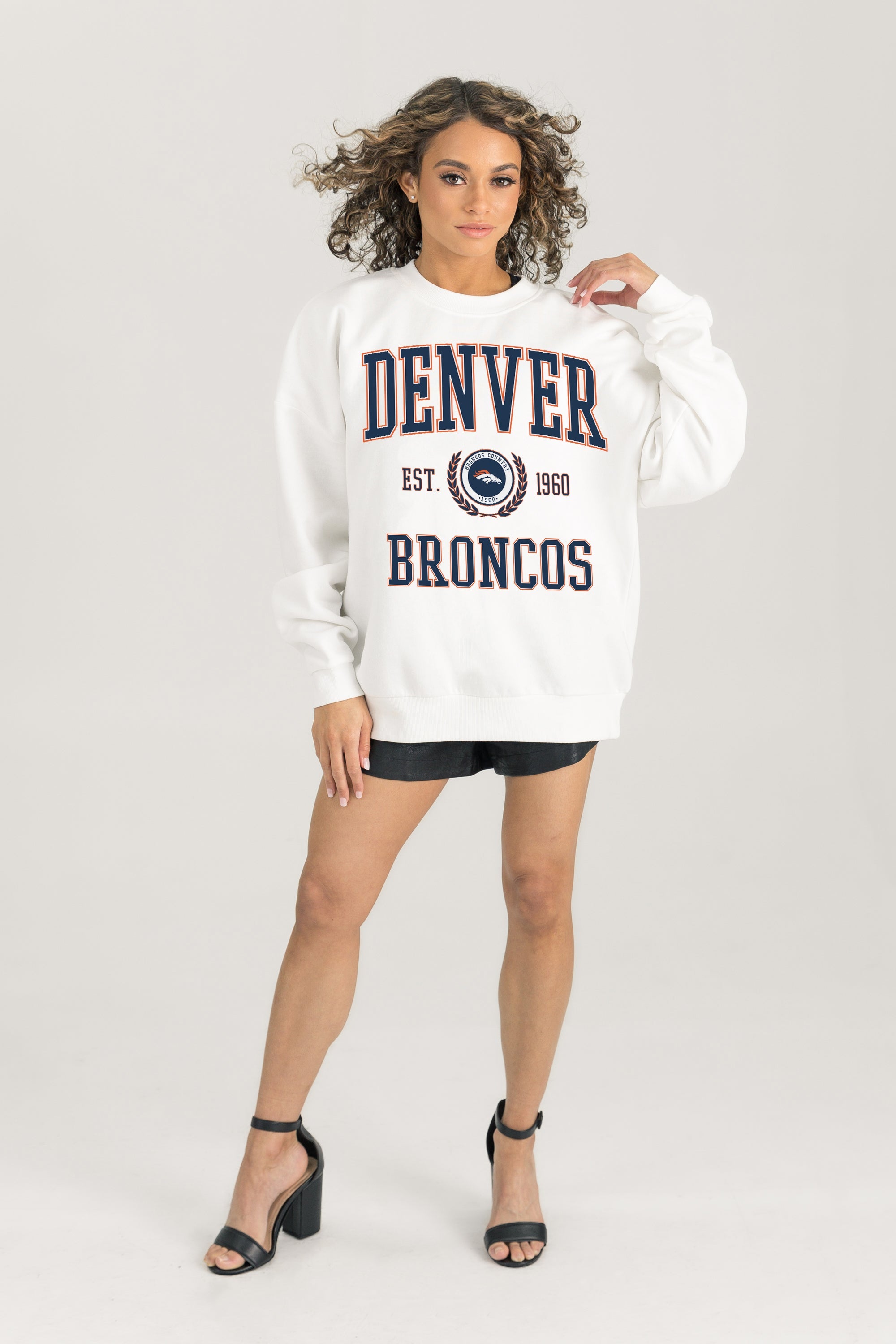DENVER BRONCOS TIMELESS TRIUMPH PREMIUM FLEECE DROP SHOULDER CREWNECK PULLOVER