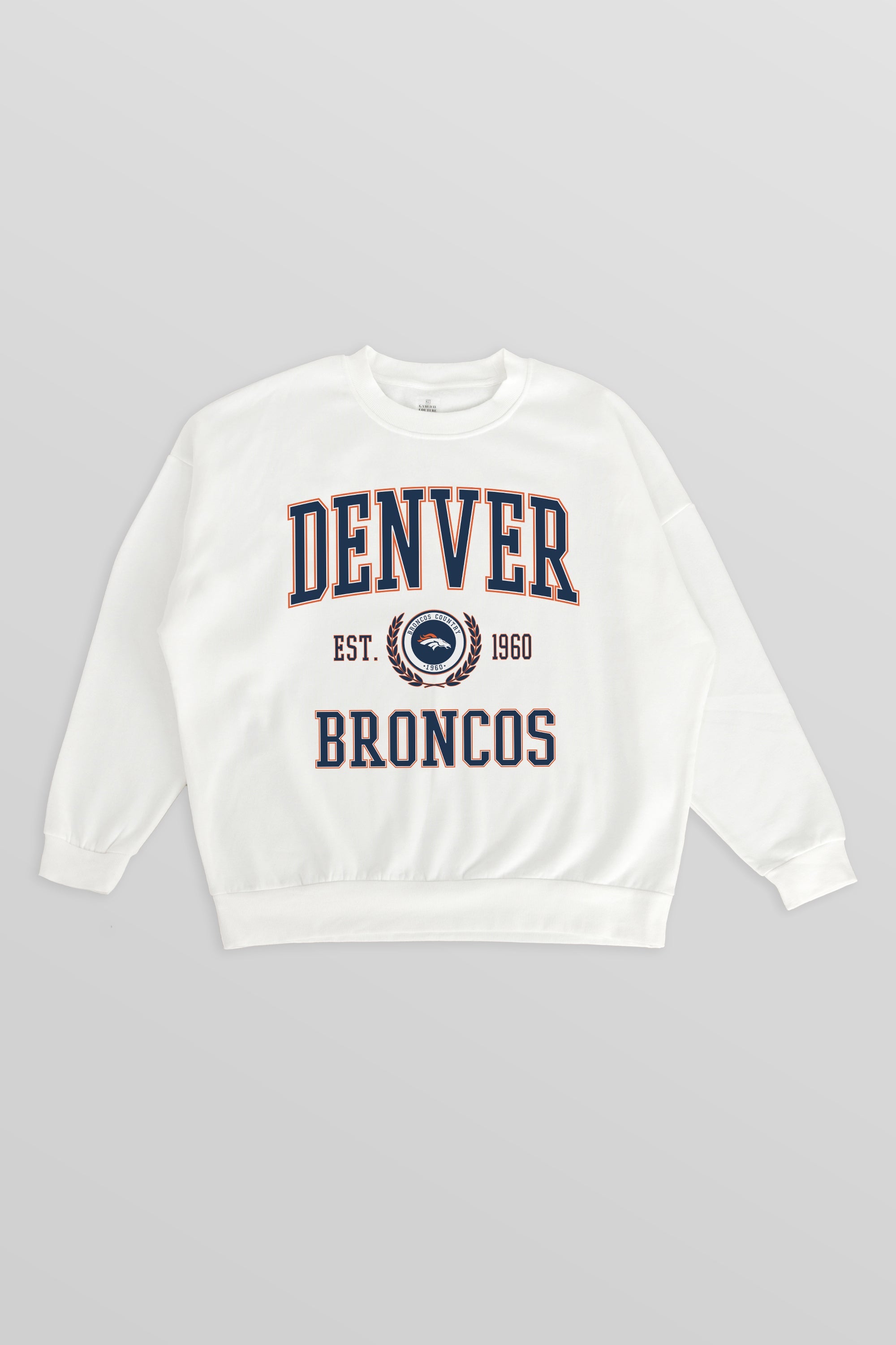 DENVER BRONCOS TIMELESS TRIUMPH PREMIUM FLEECE DROP SHOULDER CREWNECK PULLOVER