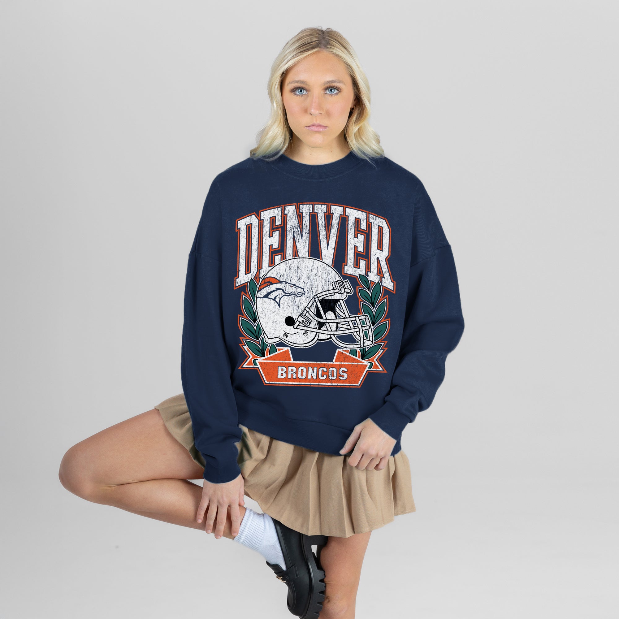 DENVER BRONCOS CLASSIC ARCHIVES PREMIUM FLEECE DROP SHOULDER CREWNECK PULLOVER