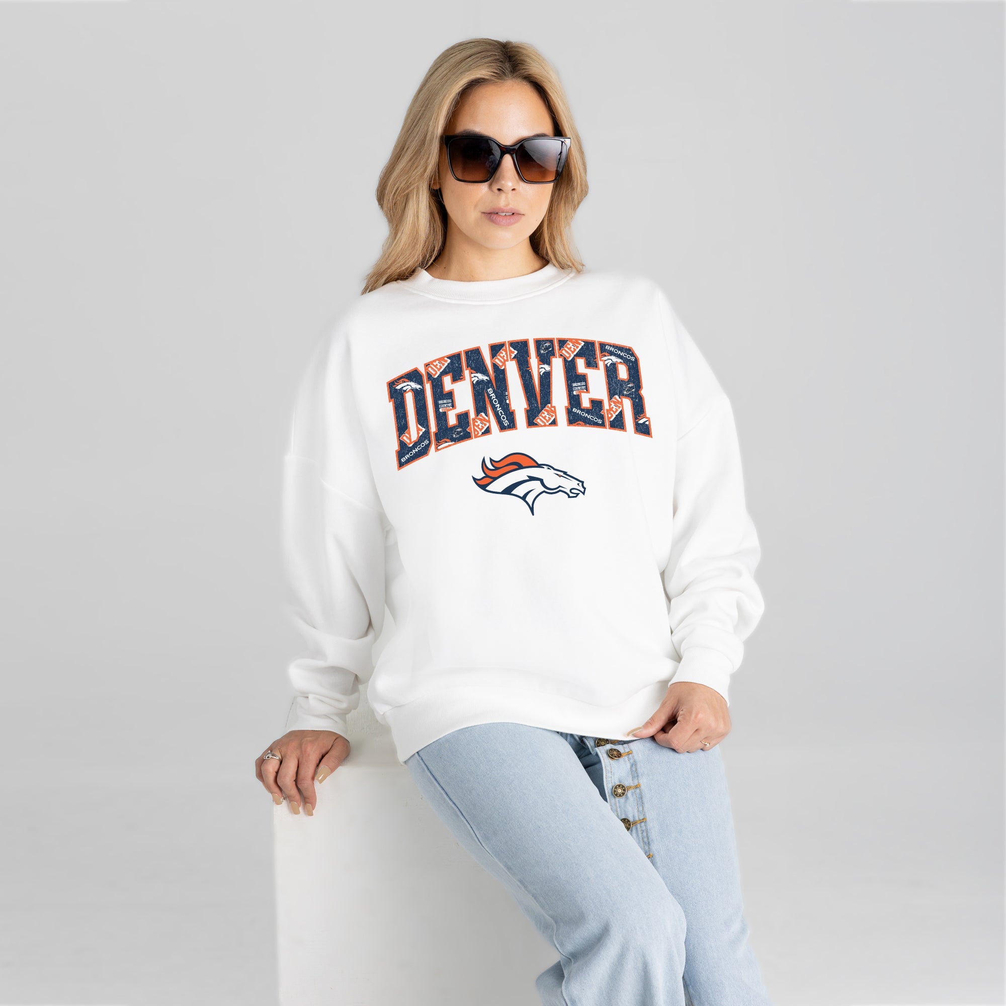 DENVER BRONCOS SWEET PLAY PREMIUM FLEECE DROP SHOULDER CREWNECK PULLOVER