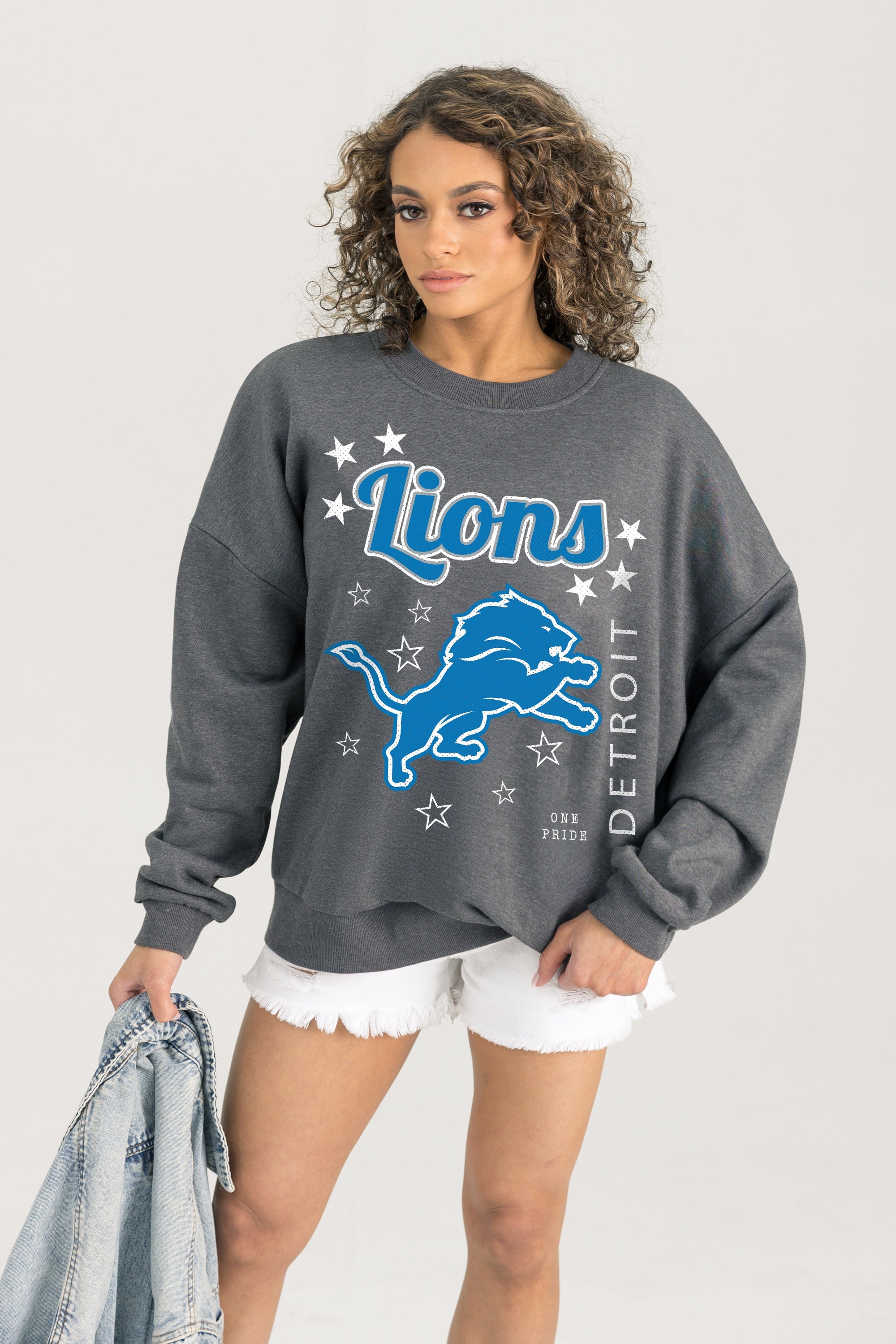 DETROIT LIONS READY TO RUMBLE PREMIUM FLEECE DROP SHOULDER CREWNECK PULLOVER