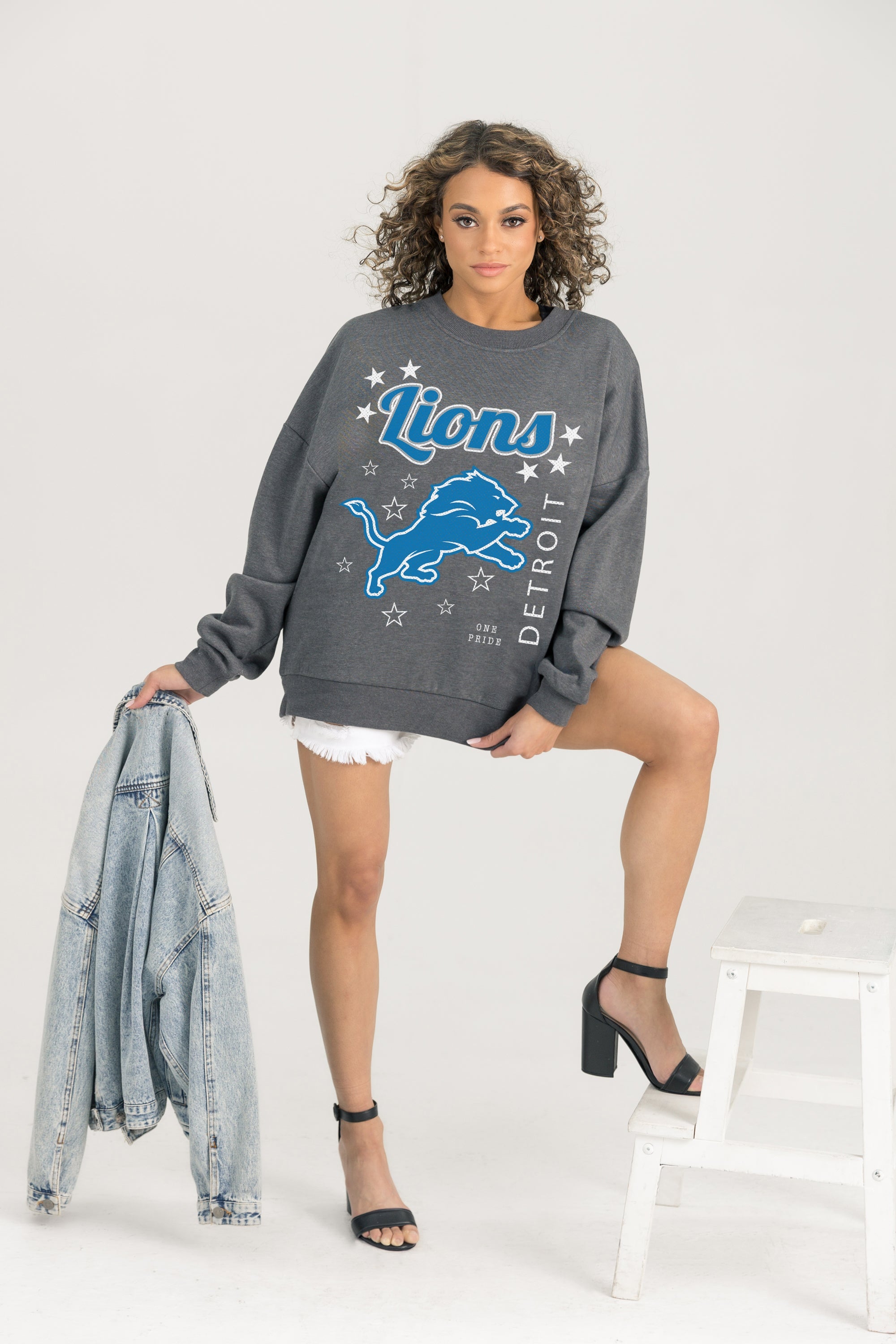 DETROIT LIONS READY TO RUMBLE PREMIUM FLEECE DROP SHOULDER CREWNECK PULLOVER
