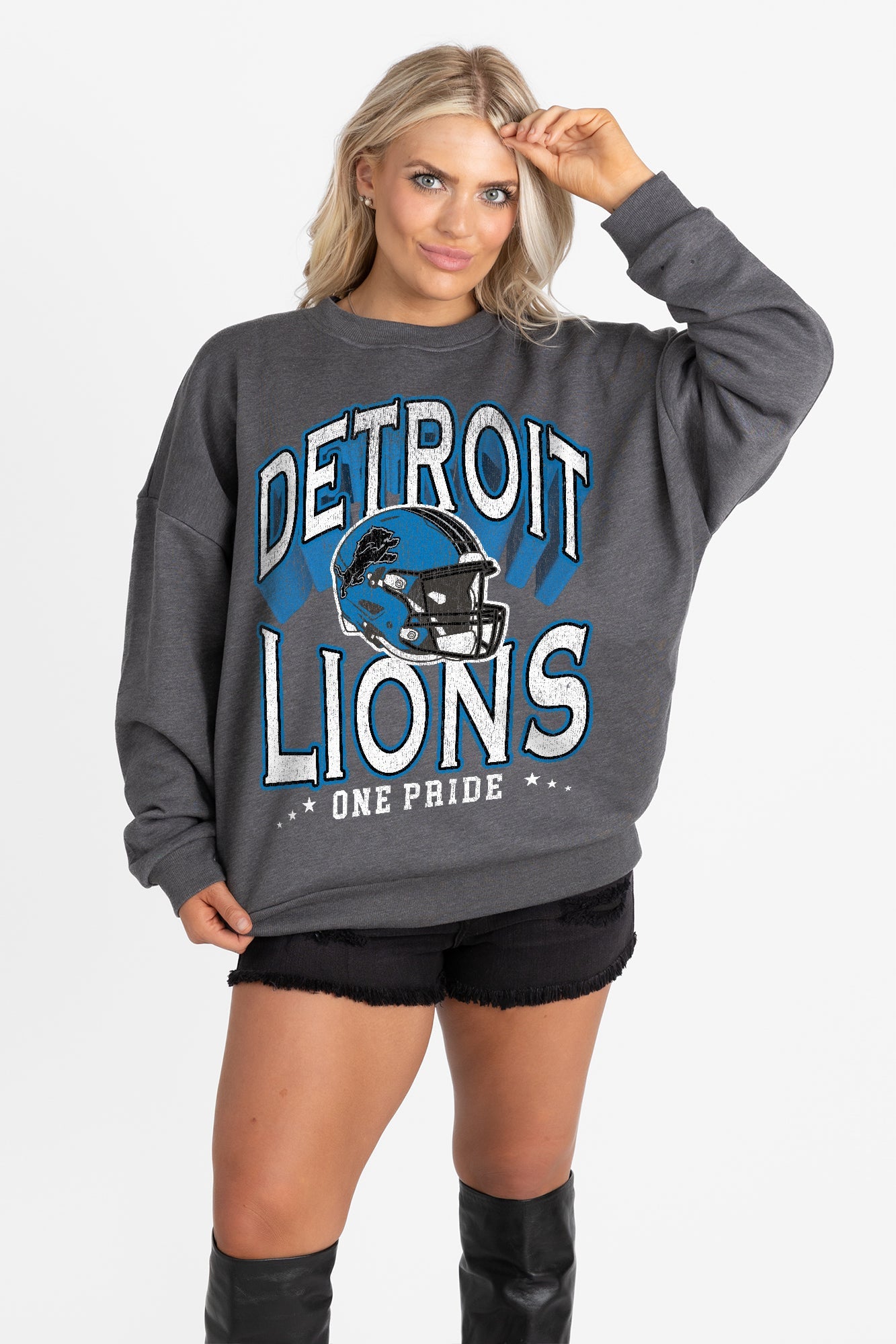 DETROIT LIONS STAY COOL PREMIUM FLEECE CREWNECK PULLOVER BY RANDI MAHOMES