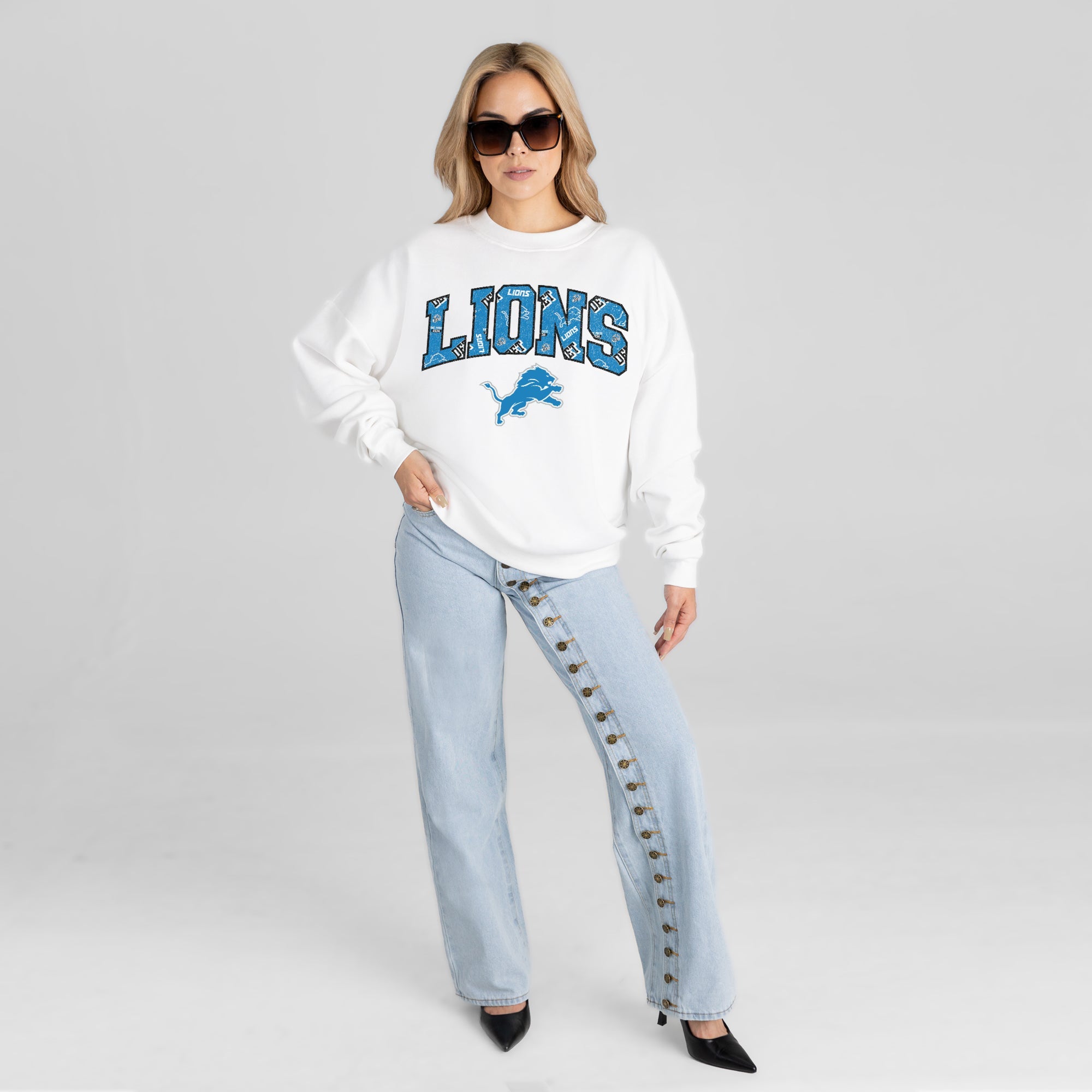DETROIT LIONS SWEET PLAY PREMIUM FLEECE DROP SHOULDER CREWNECK PULLOVER