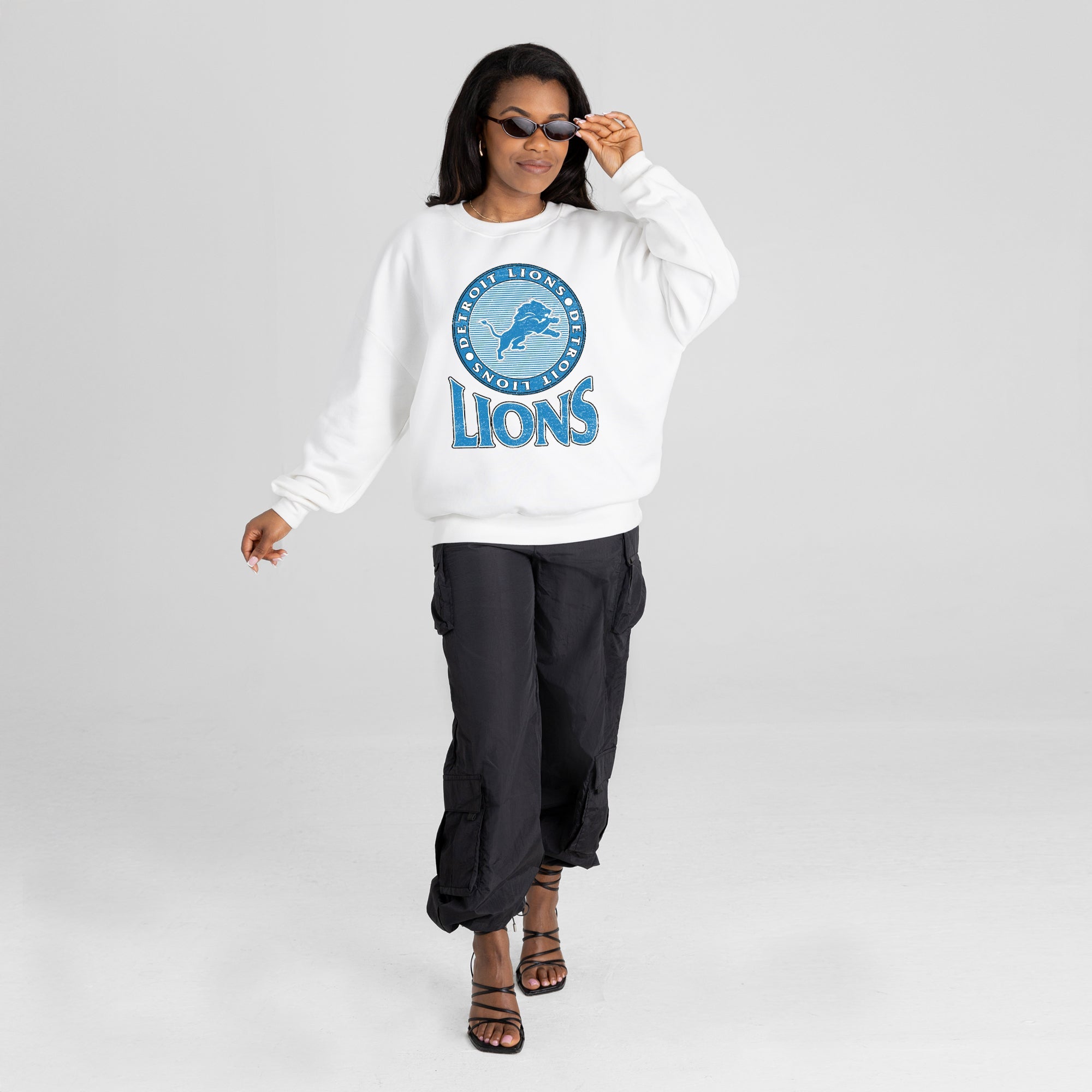 DETROIT LIONS ENDZONE PREMIUM FLEECE DROP SHOULDER CREWNECK PULLOVER
