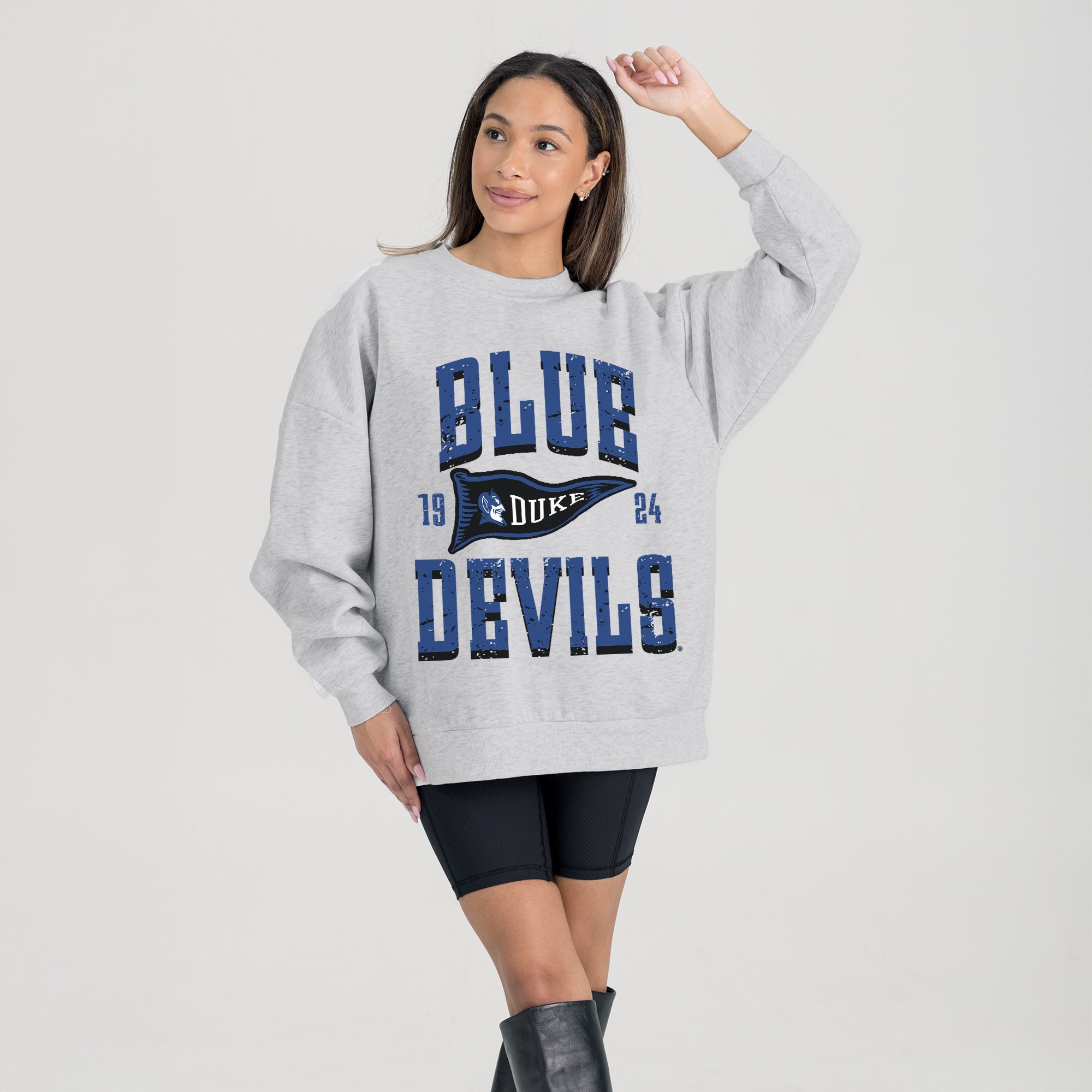 DUKE BLUE DEVILS PENNANT PRIDE PREMIUM FLEECE DROP SHOULDER CREWNECK PULLOVER