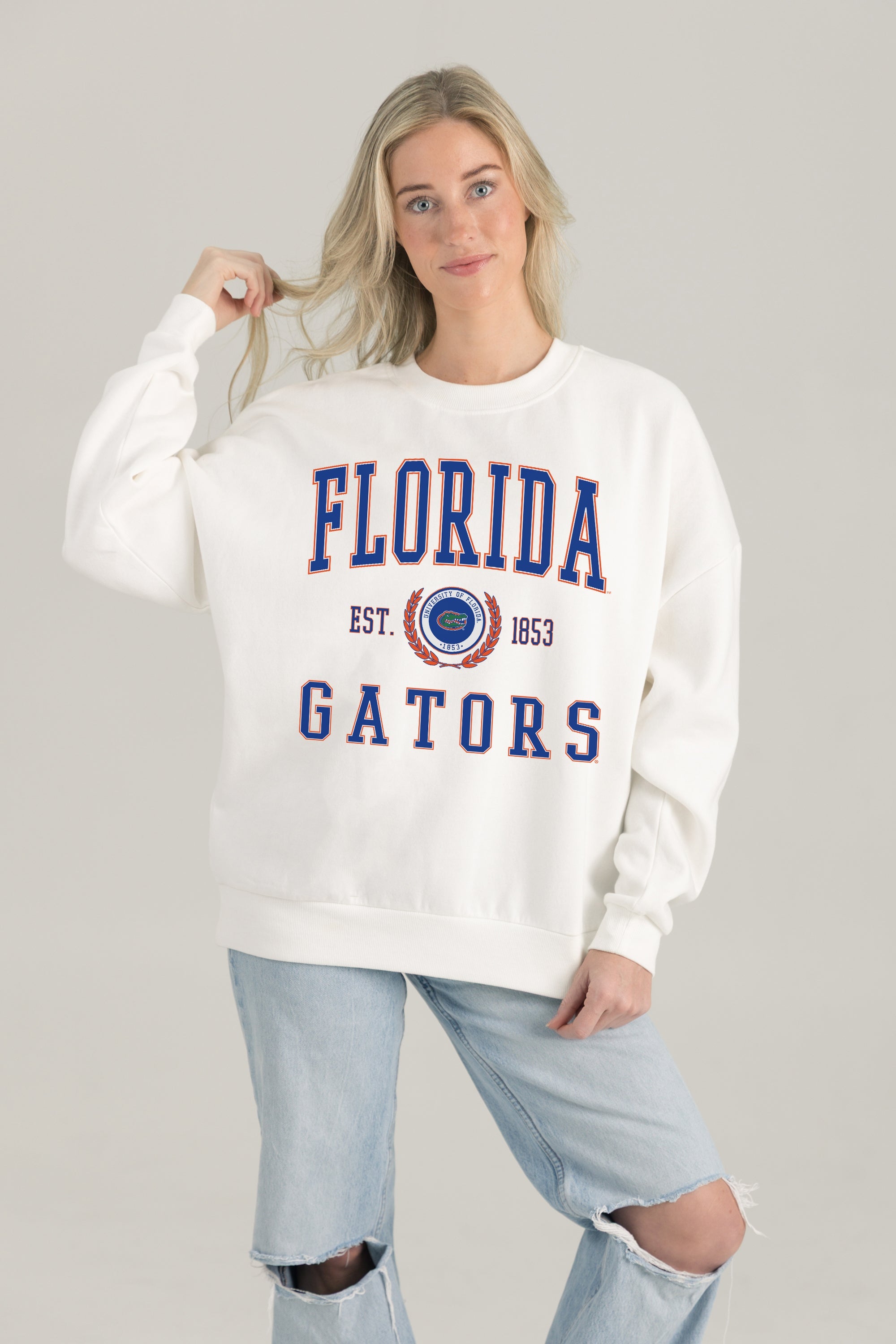 FLORIDA GATORS TIMELESS TRIUMPH PREMIUM FLEECE DROP SHOULDER CREWNECK PULLOVER