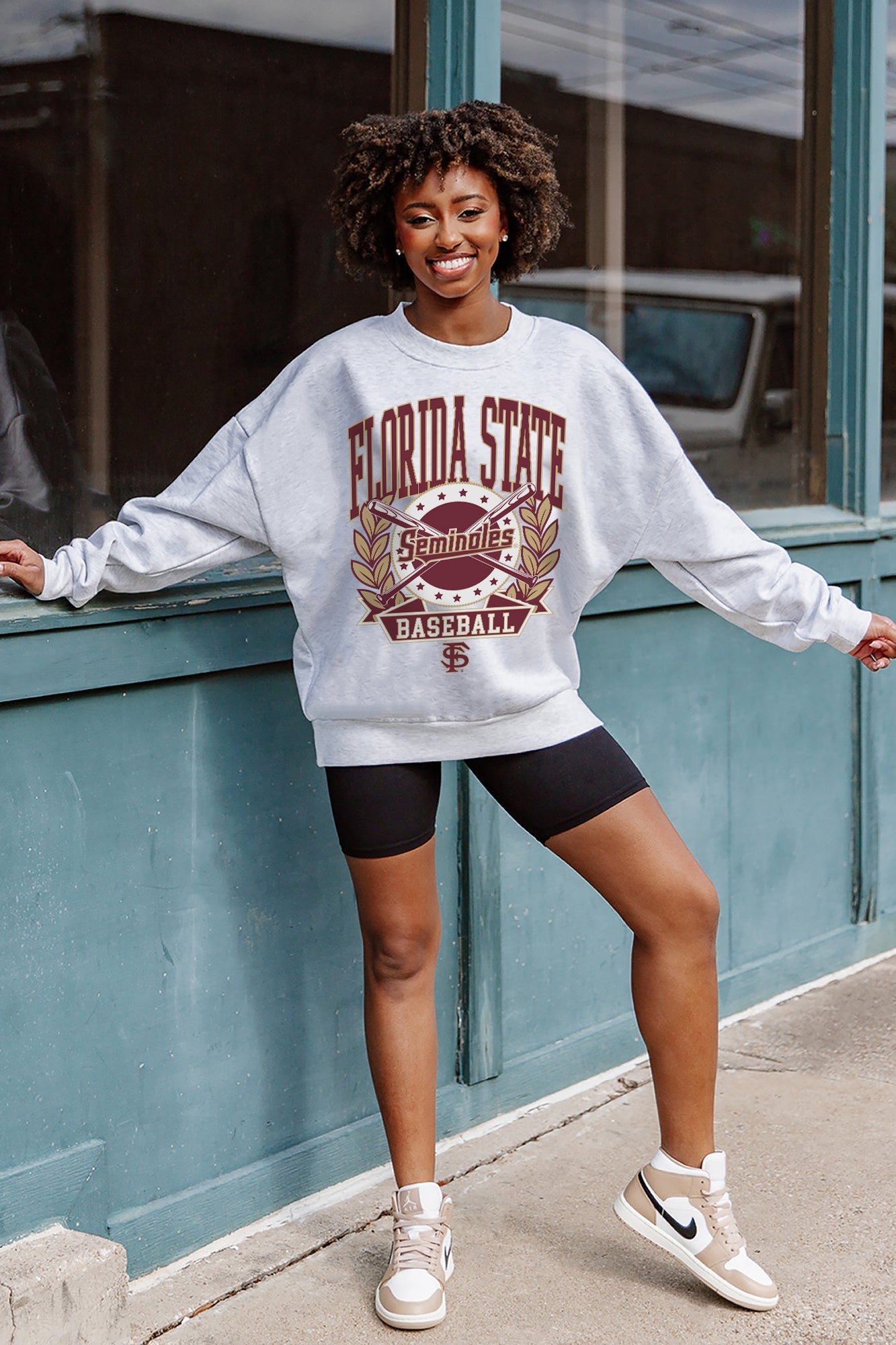 Ash Florida State Seminoles Bases Loaded Fleece Drop-Shoulder Crew - Front On Model Styled Look | Gameday Couture - SOHO