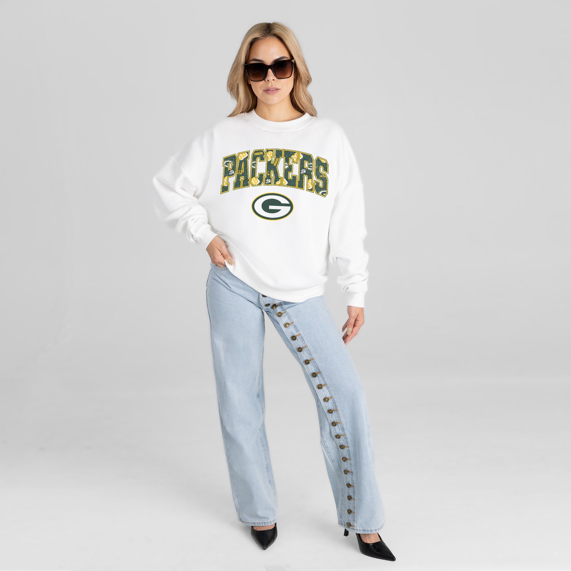GREEN BAY PACKERS SWEET PLAY PREMIUM FLEECE DROP SHOULDER CREWNECK PULLOVER