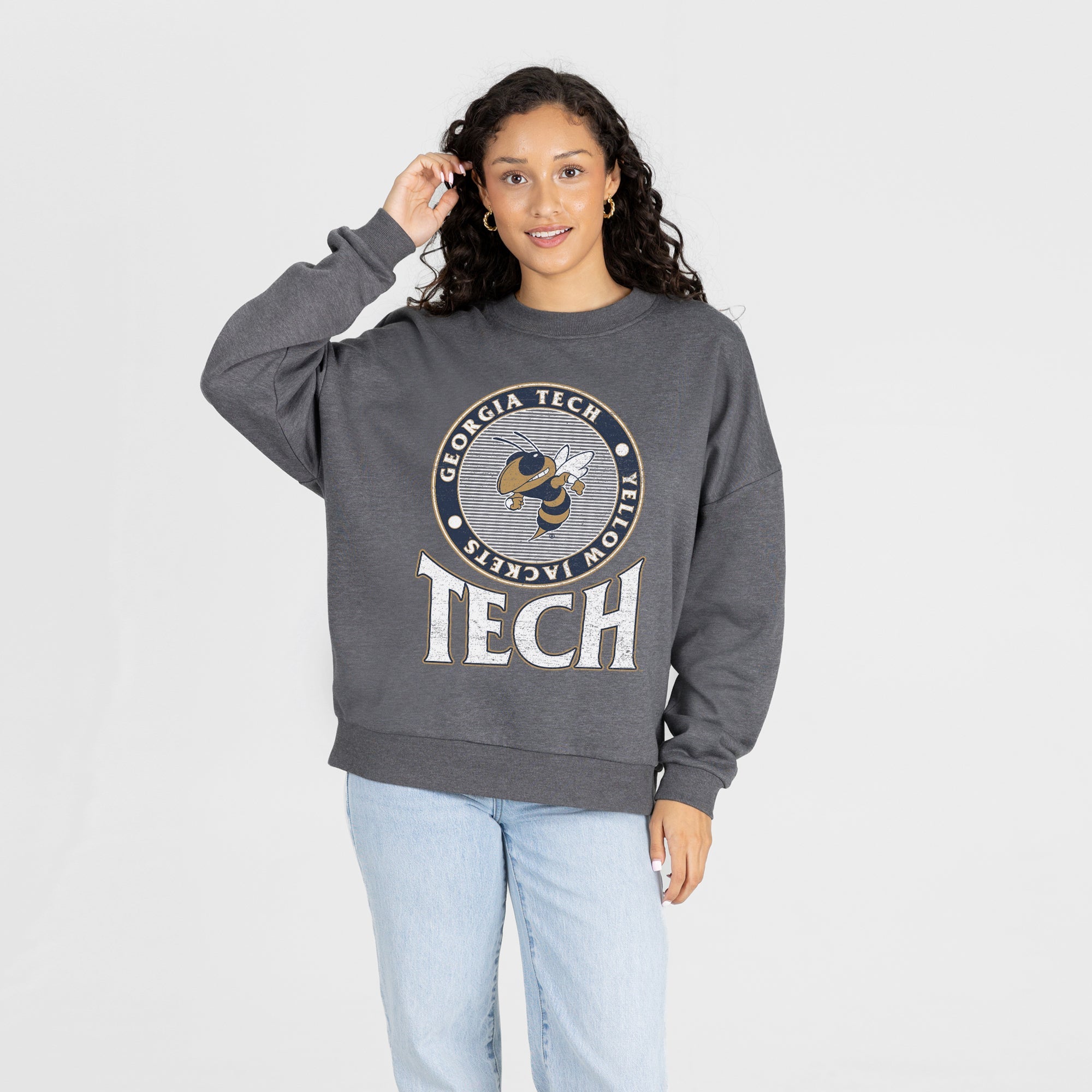 GEORGIA TECH YELLOW JACKETS SATURDAY SEAL PREMIUM FLEECE DROP SHOULDER CREWNECK PULLOVER
