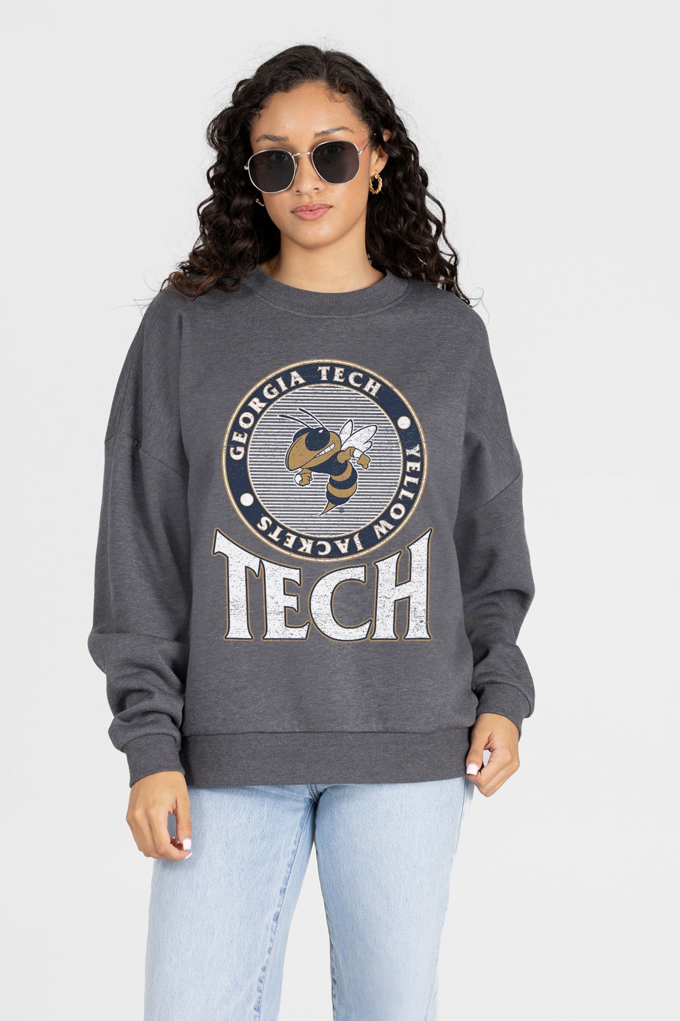 GEORGIA TECH YELLOW JACKETS SATURDAY SEAL PREMIUM FLEECE DROP SHOULDER CREWNECK PULLOVER