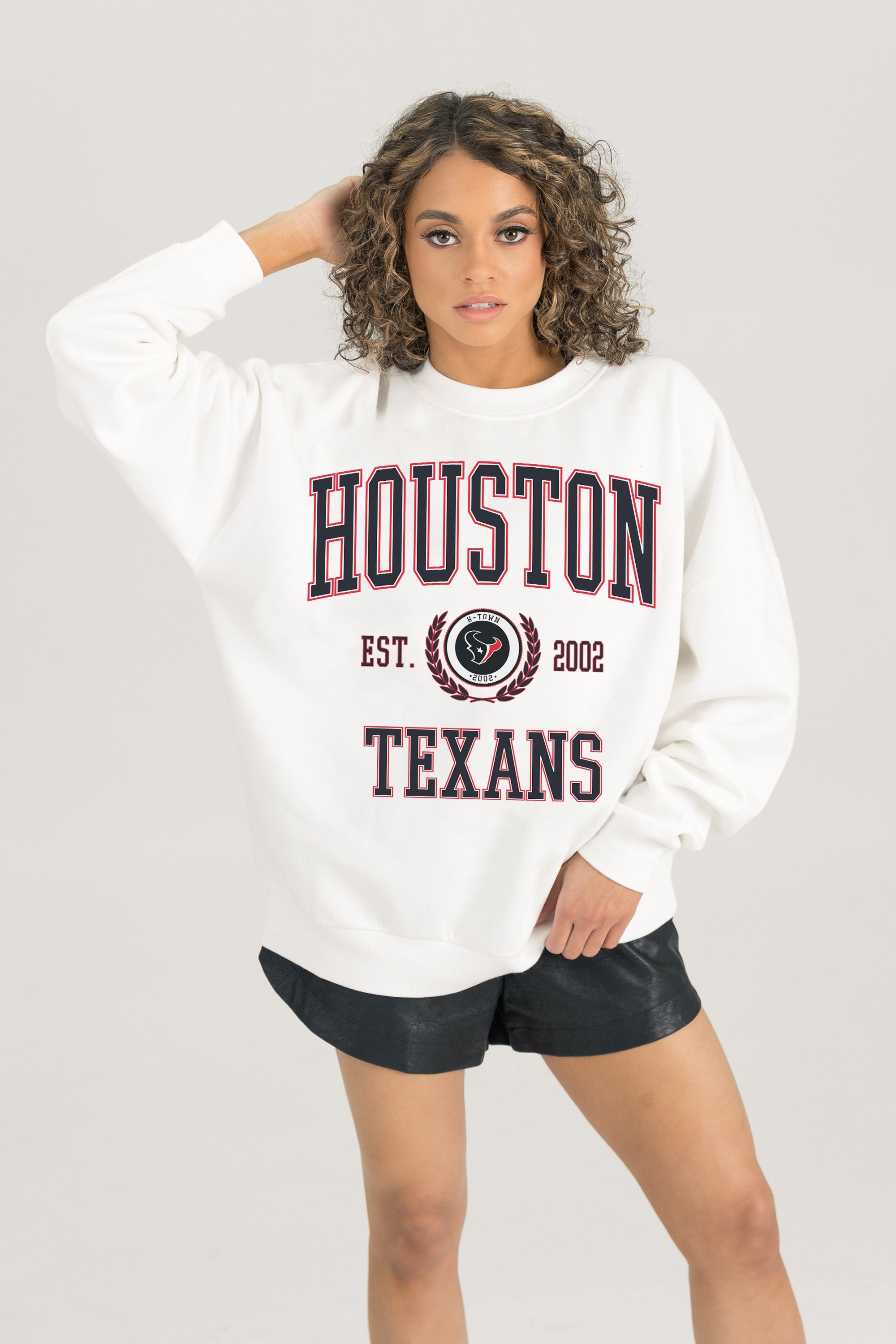 HOUSTON TEXANS TIMELESS TRIUMPH PREMIUM FLEECE DROP SHOULDER CREWNECK PULLOVER