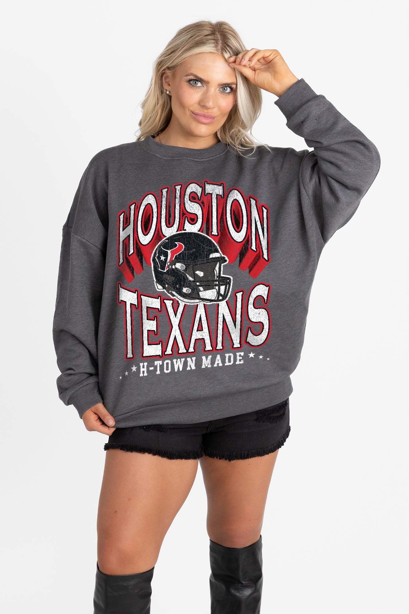 HOUSTON TEXANS STAY COOL PREMIUM FLEECE CREWNECK PULLOVER BY RANDI MAHOMES