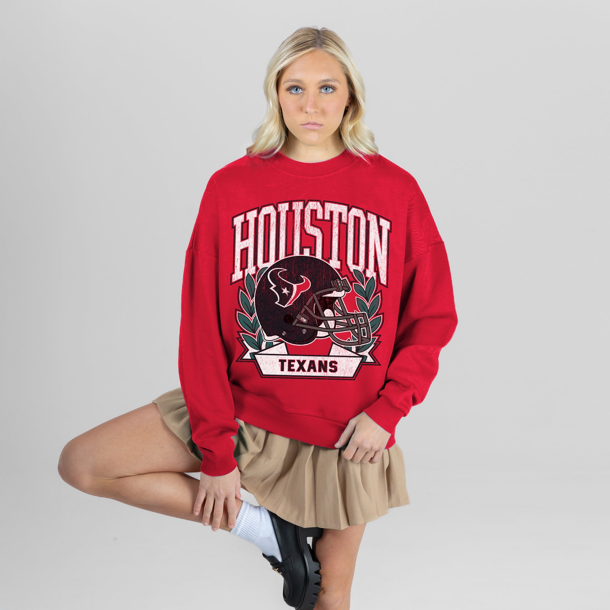 HOUSTON TEXANS CLASSIC ARCHIVES PREMIUM FLEECE DROP SHOULDER CREWNECK PULLOVER