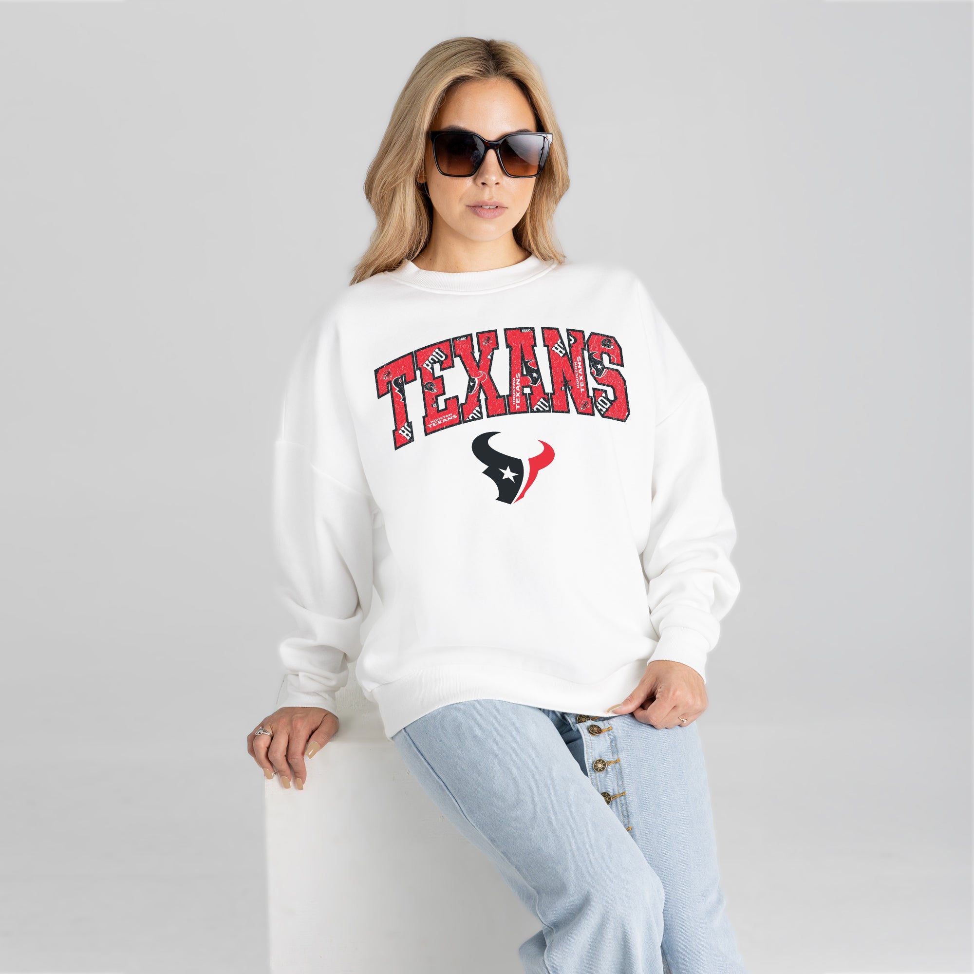 HOUSTON TEXANS SWEET PLAY PREMIUM FLEECE DROP SHOULDER CREWNECK PULLOVER