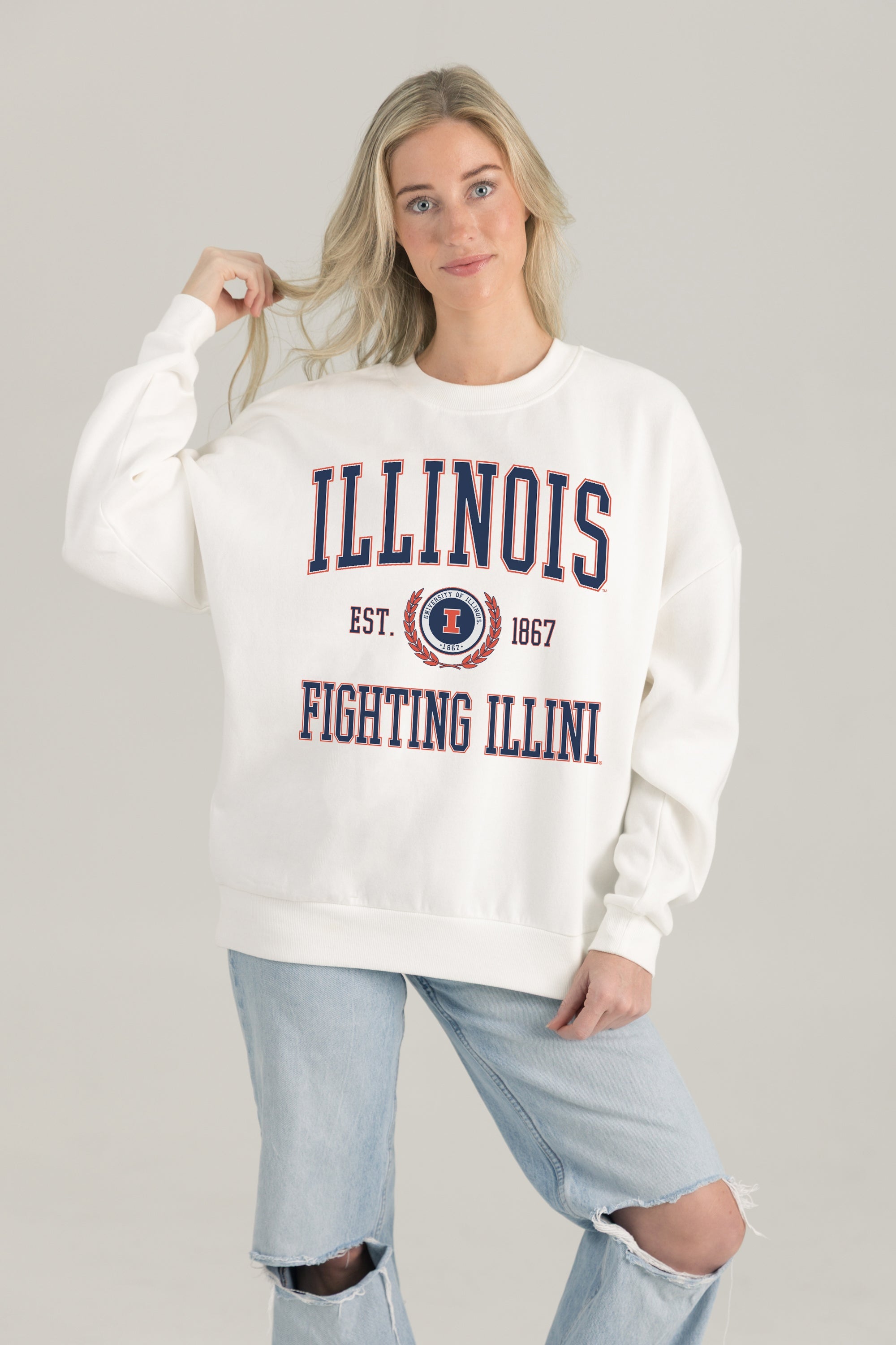 ILLINOIS FIGHTING ILLINI TIMELESS TRIUMPH PREMIUM FLEECE DROP SHOULDER CREWNECK PULLOVER