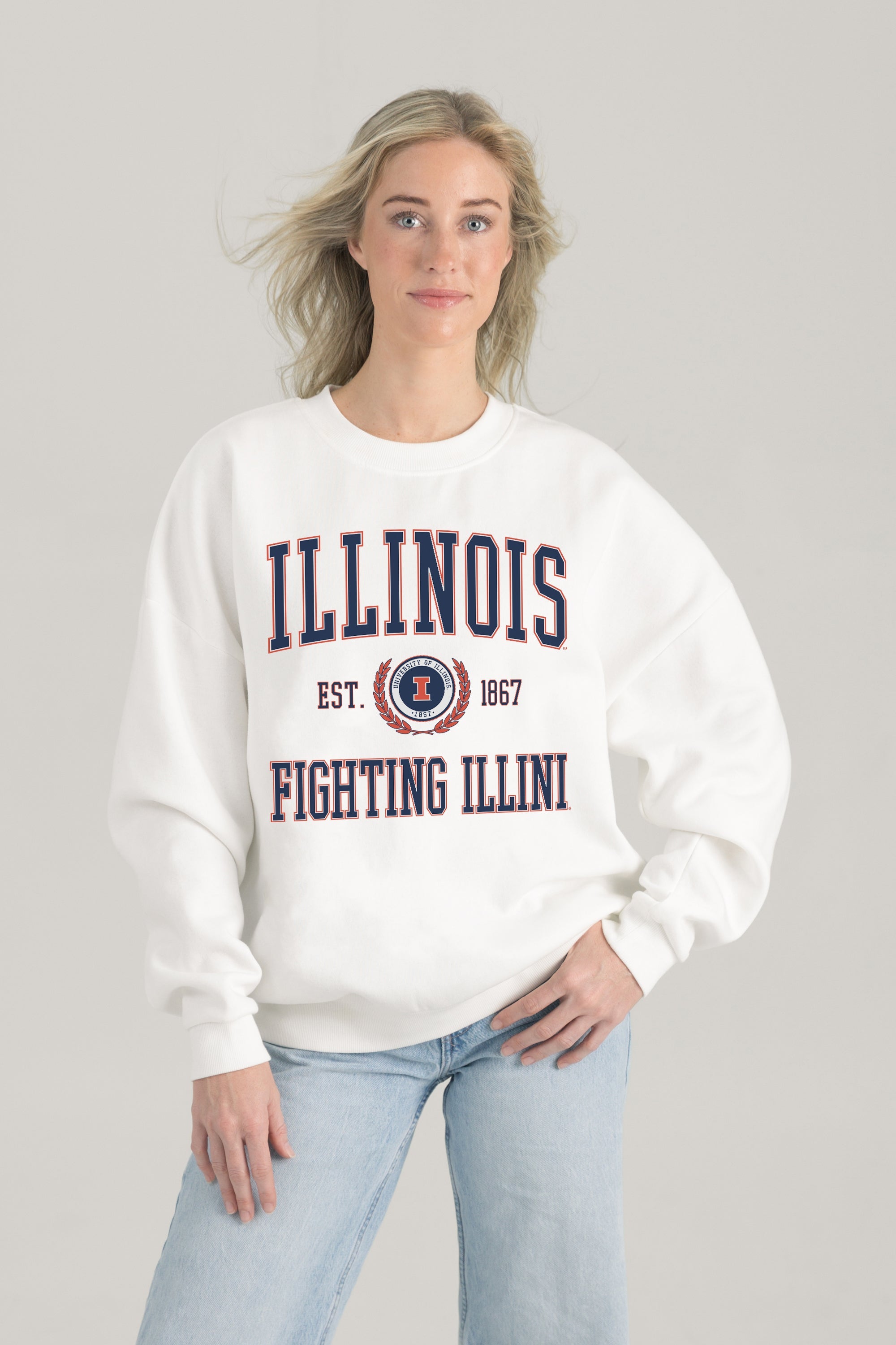 ILLINOIS FIGHTING ILLINI TIMELESS TRIUMPH PREMIUM FLEECE DROP SHOULDER CREWNECK PULLOVER