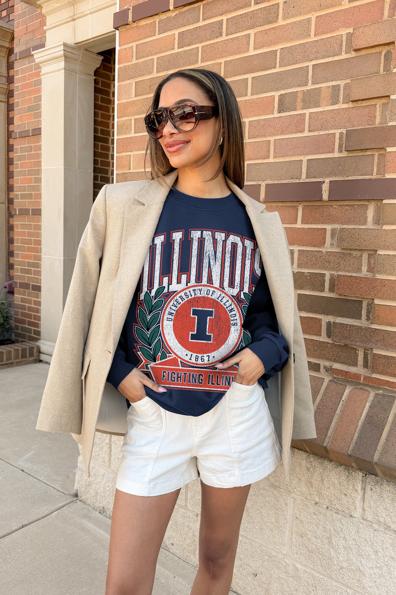 ILLINOIS FIGHTING ILLINI CLASSIC ARCHIVES PREMIUM DROP SHOULDER FLEECE CREWNECK PULLOVER