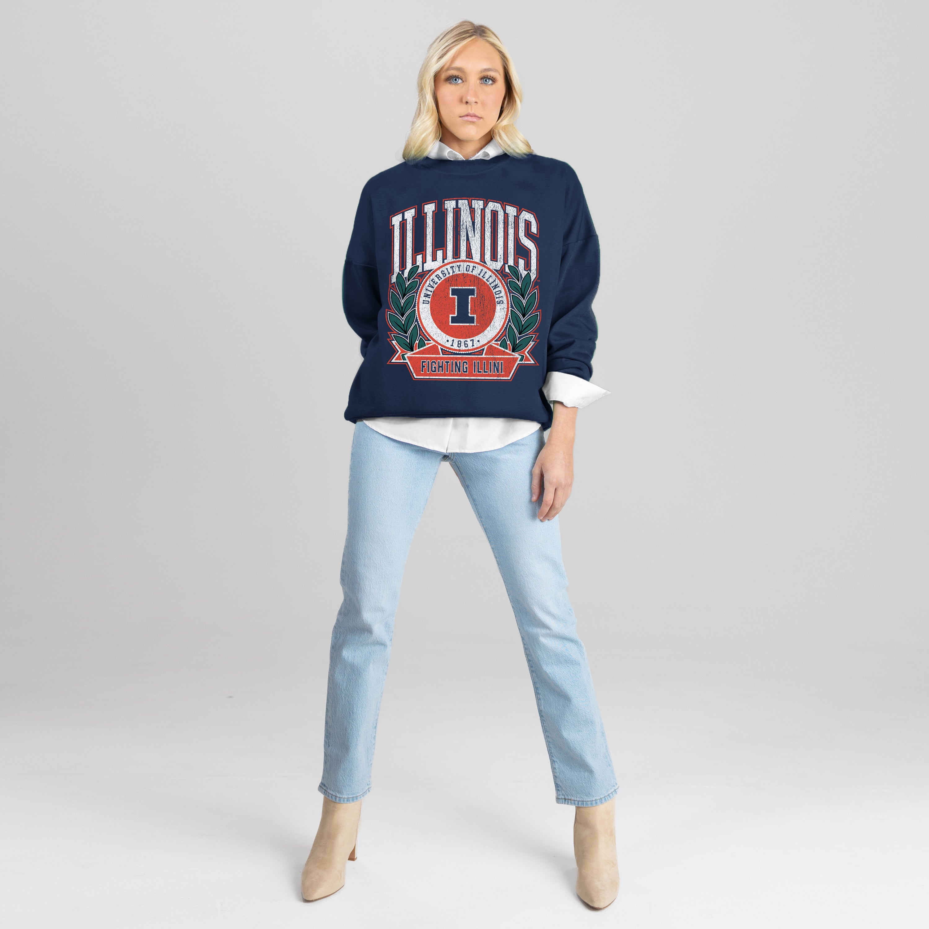 ILLINOIS FIGHTING ILLINI CLASSIC ARCHIVES PREMIUM DROP SHOULDER FLEECE CREWNECK PULLOVER