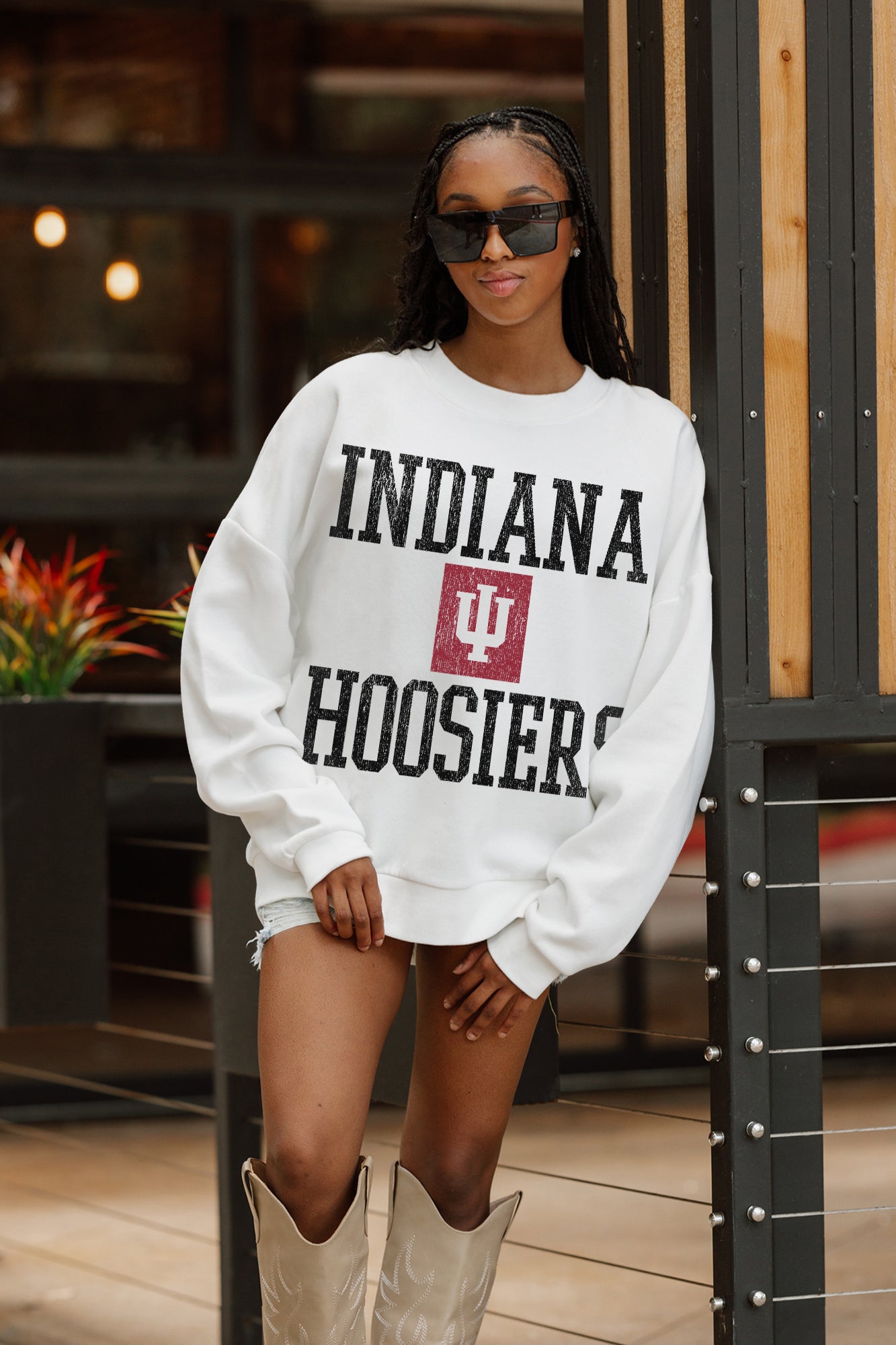 INDIANA HOOSIERS FAIR CATCH PREMIUM FLEECE DROP SHOULDER CREWNECK PULLOVER