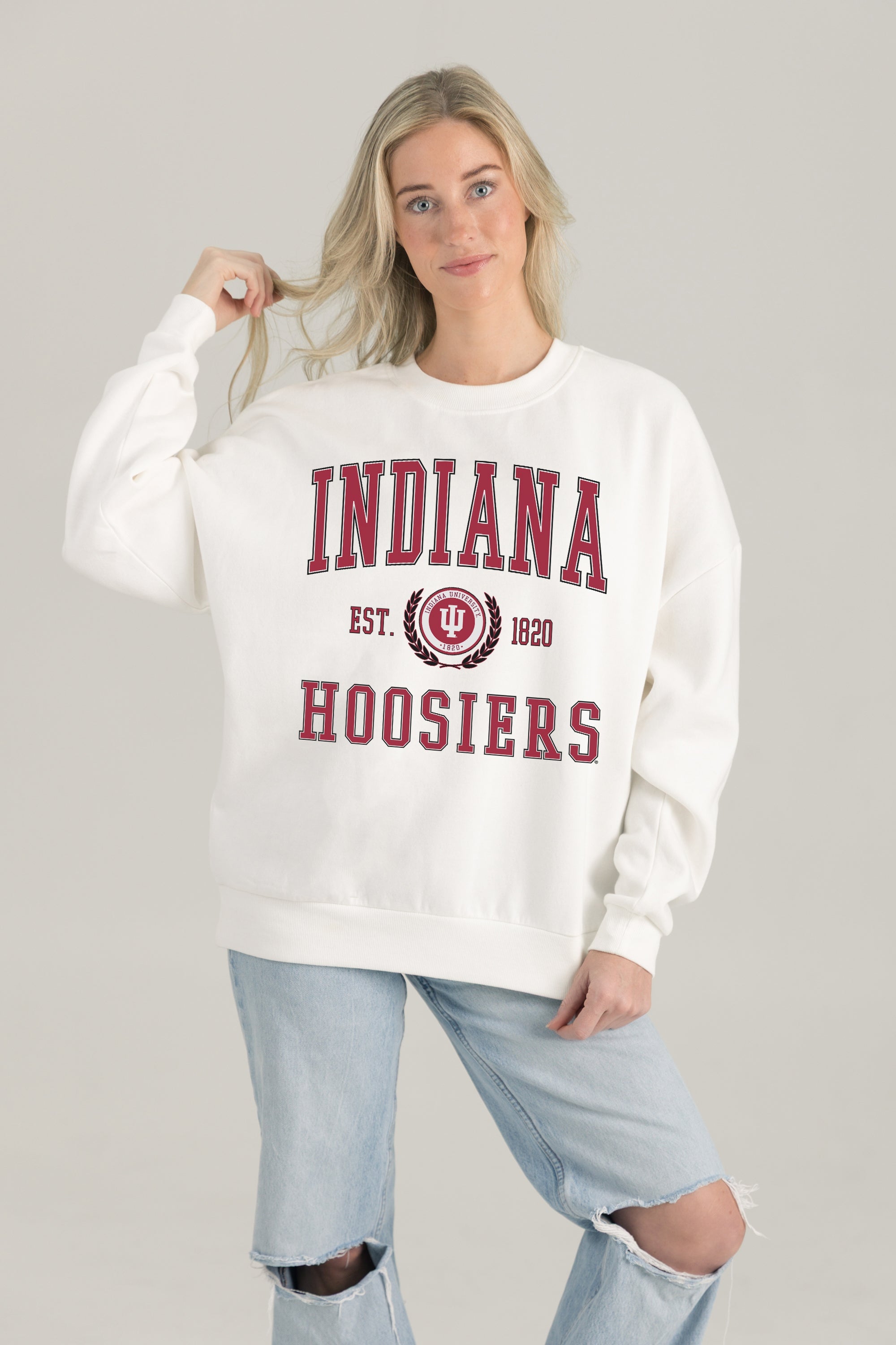 INDIANA HOOSIERS TIMELESS TRIUMPH PREMIUM FLEECE DROP SHOULDER CREWNECK PULLOVER
