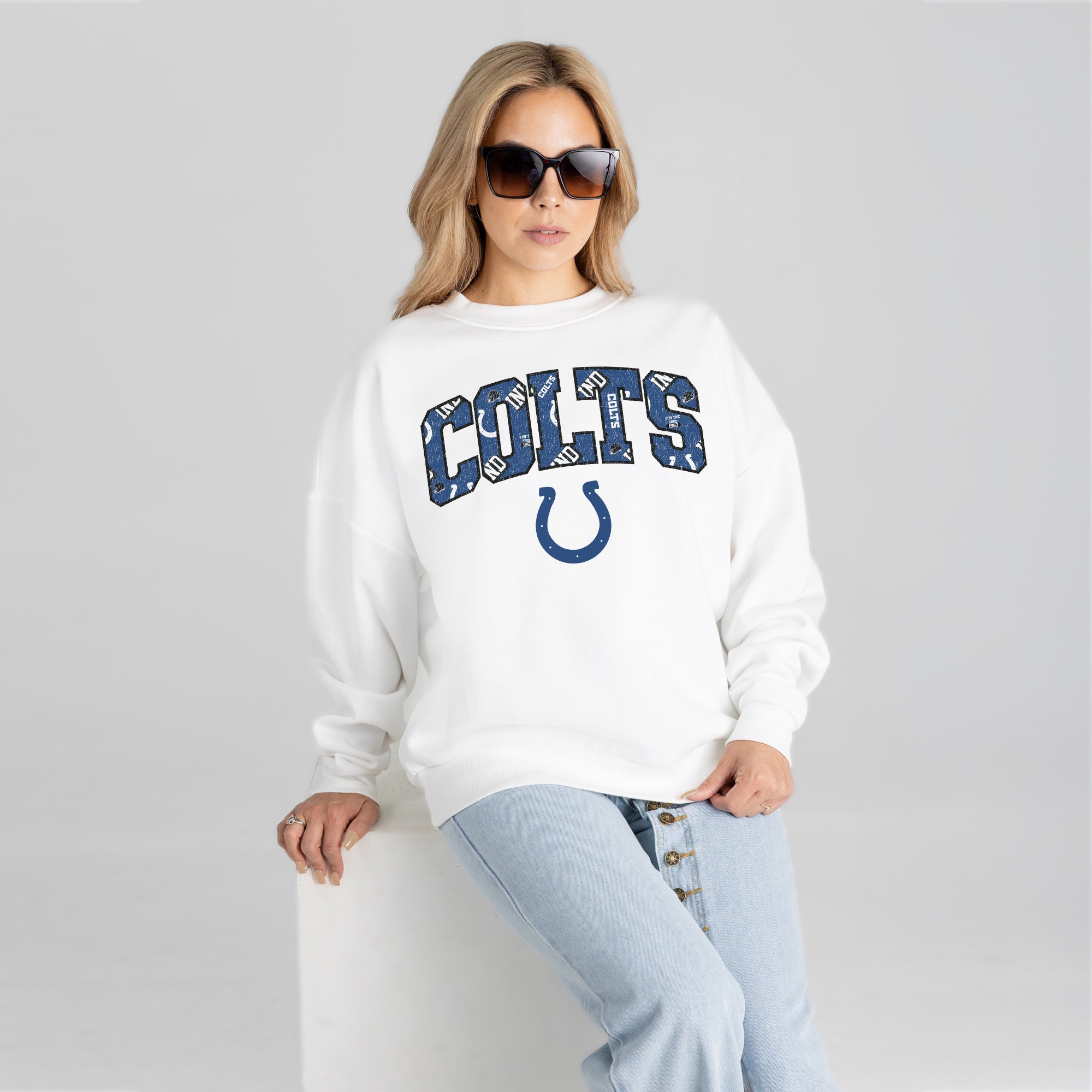 INDIANAPOLIS COLTS SWEET PLAY PREMIUM FLEECE DROP SHOULDER CREWNECK PULLOVER