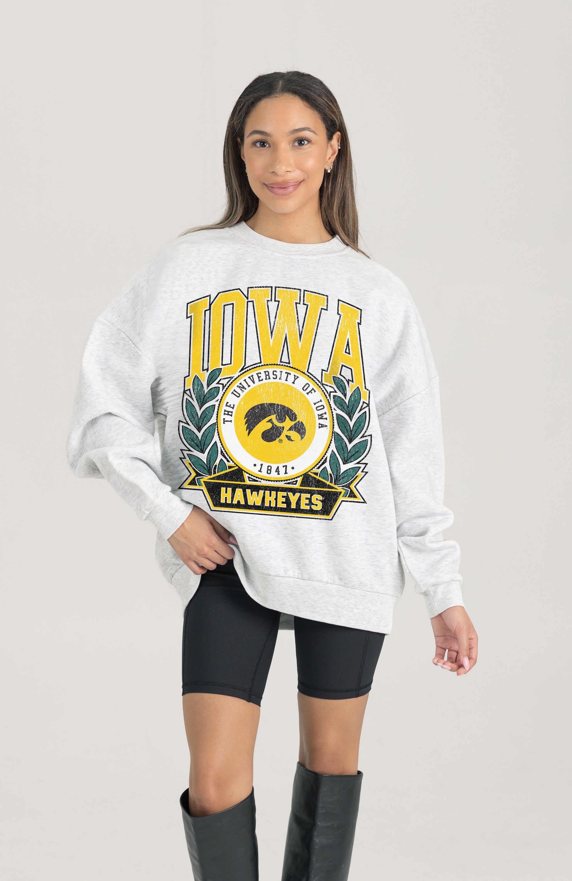 IOWA HAWKEYES HERITAGE PREMIUM FLEECE DROP SHOULDER CREWNECK PULLOVER