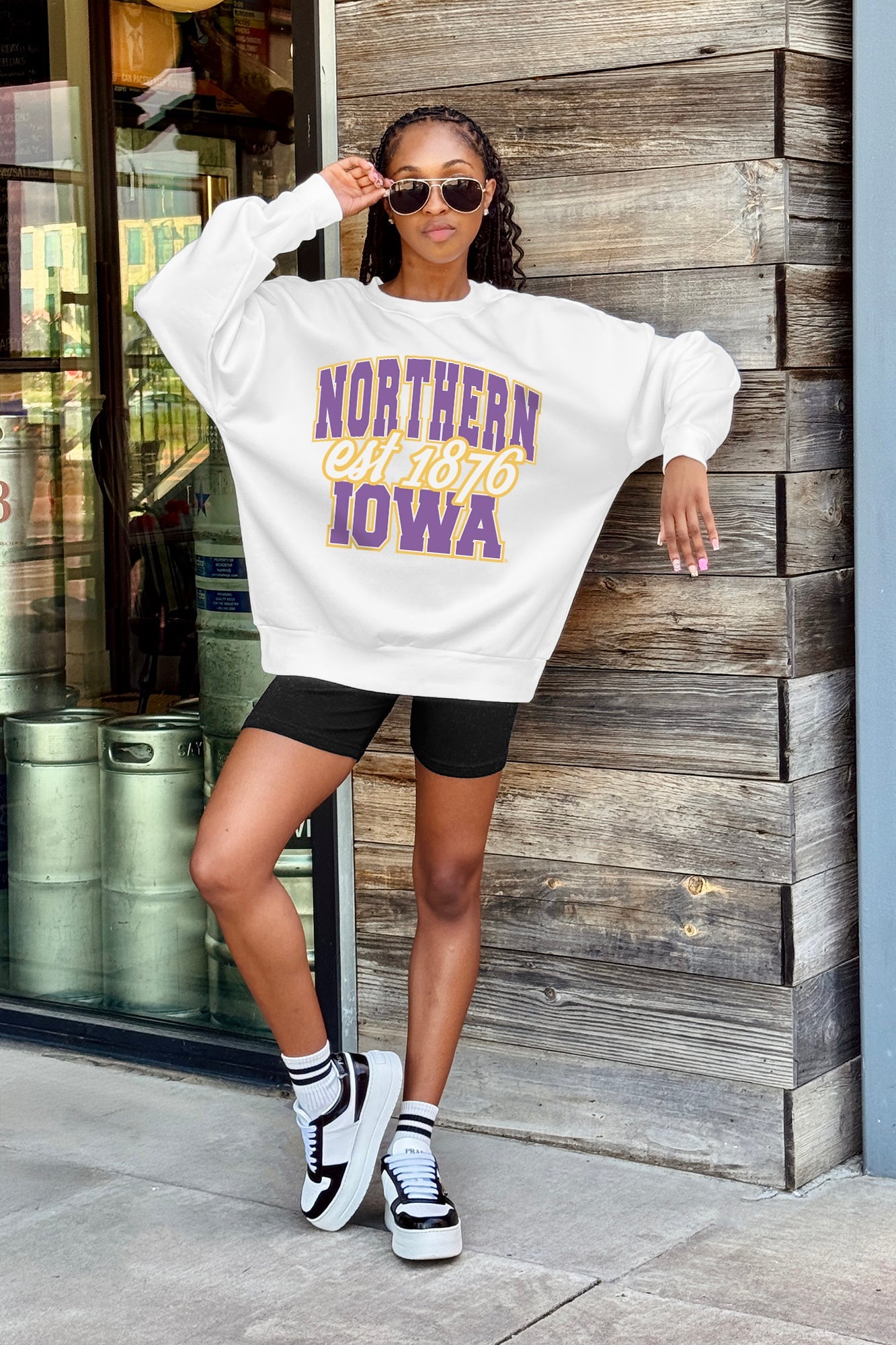 NORTHERN IOWA PANTHERS FADED FORMATION PREMIUM FLEECE DROP SHOULDER CREWNECK PULLOVER