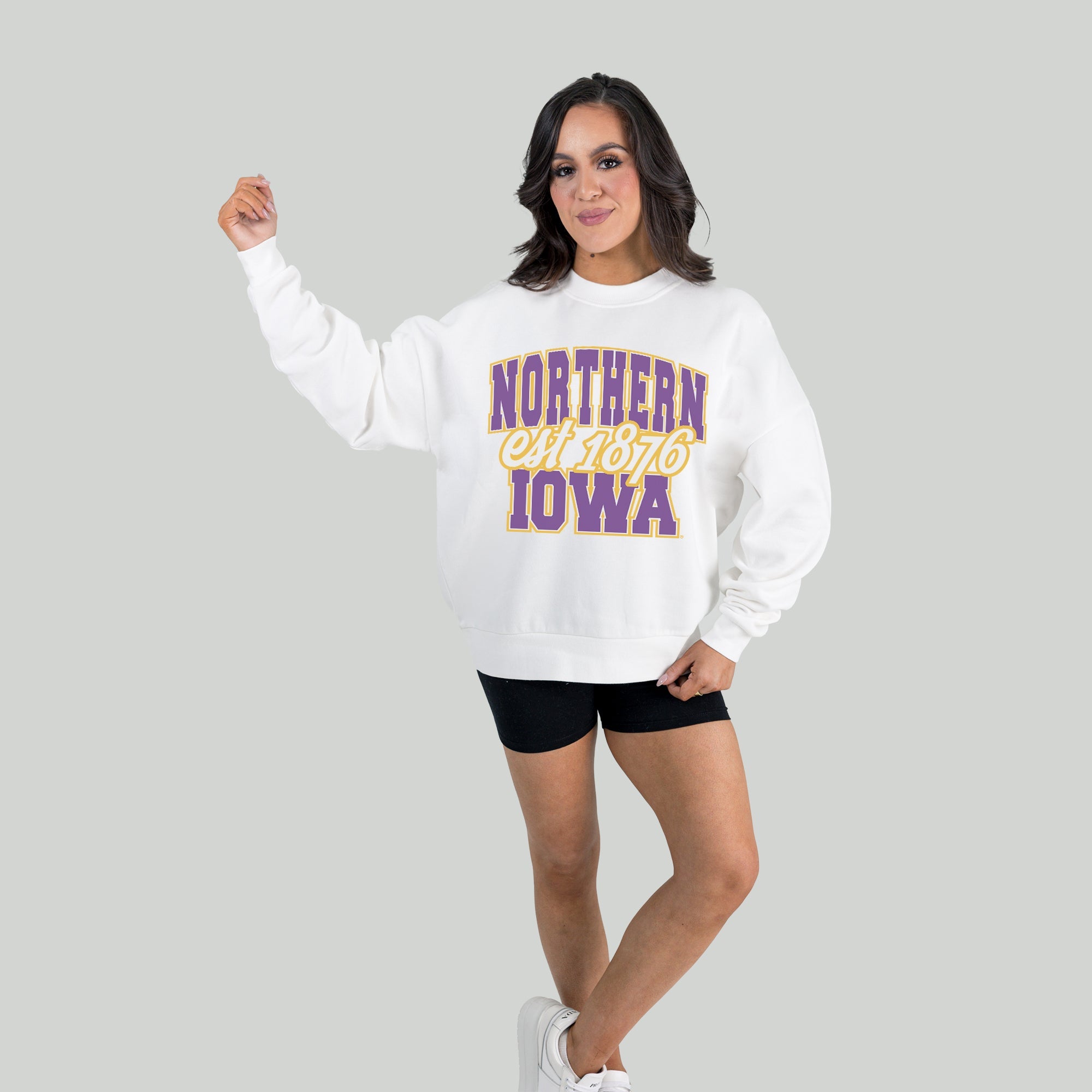 NORTHERN IOWA PANTHERS FADED FORMATION PREMIUM FLEECE DROP SHOULDER CREWNECK PULLOVER