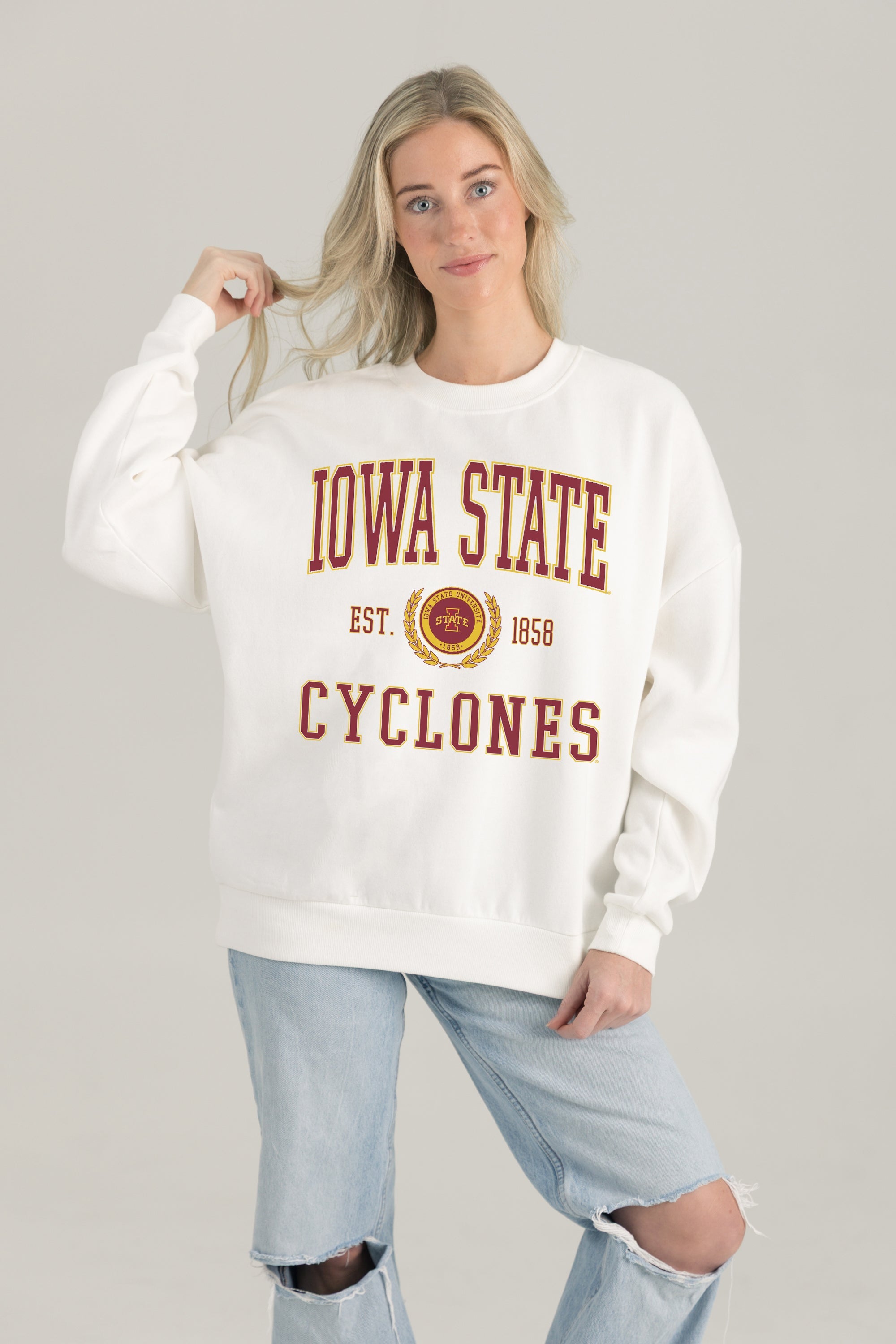 IOWA STATE CYCLONES TIMELESS TRIUMPH PREMIUM FLEECE DROP SHOULDER CREWNECK PULLOVER