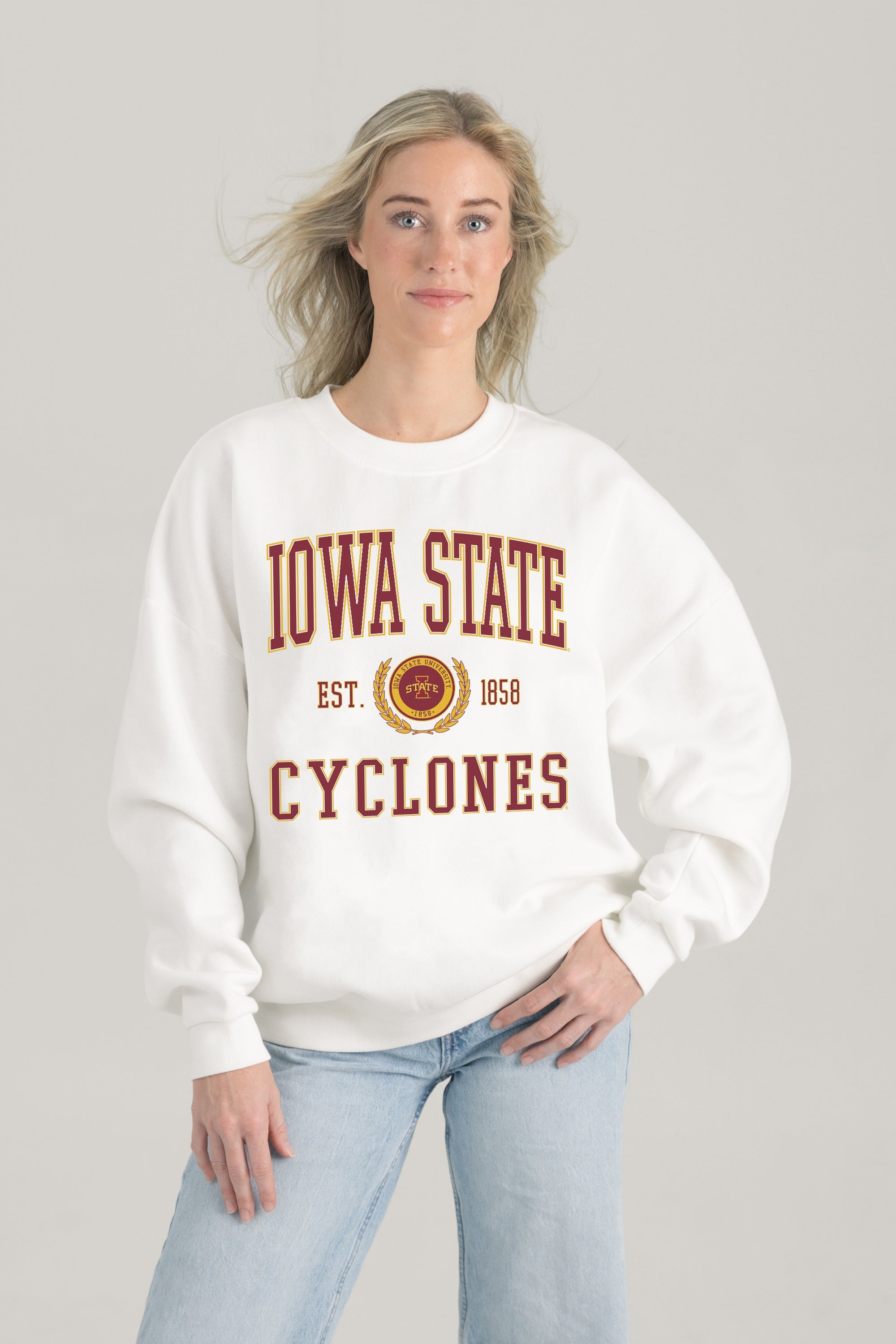 IOWA STATE CYCLONES TIMELESS TRIUMPH PREMIUM FLEECE DROP SHOULDER CREWNECK PULLOVER