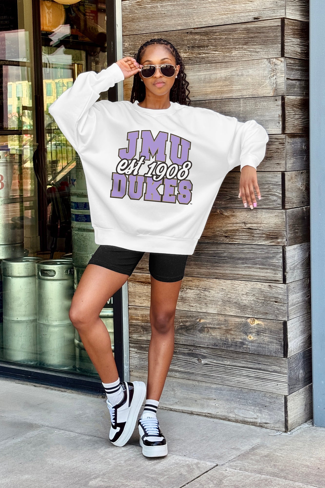 JAMES MADISON DUKES FADED FORMATION PREMIUM FLEECE DROP SHOULDER CREWNECK PULLOVER