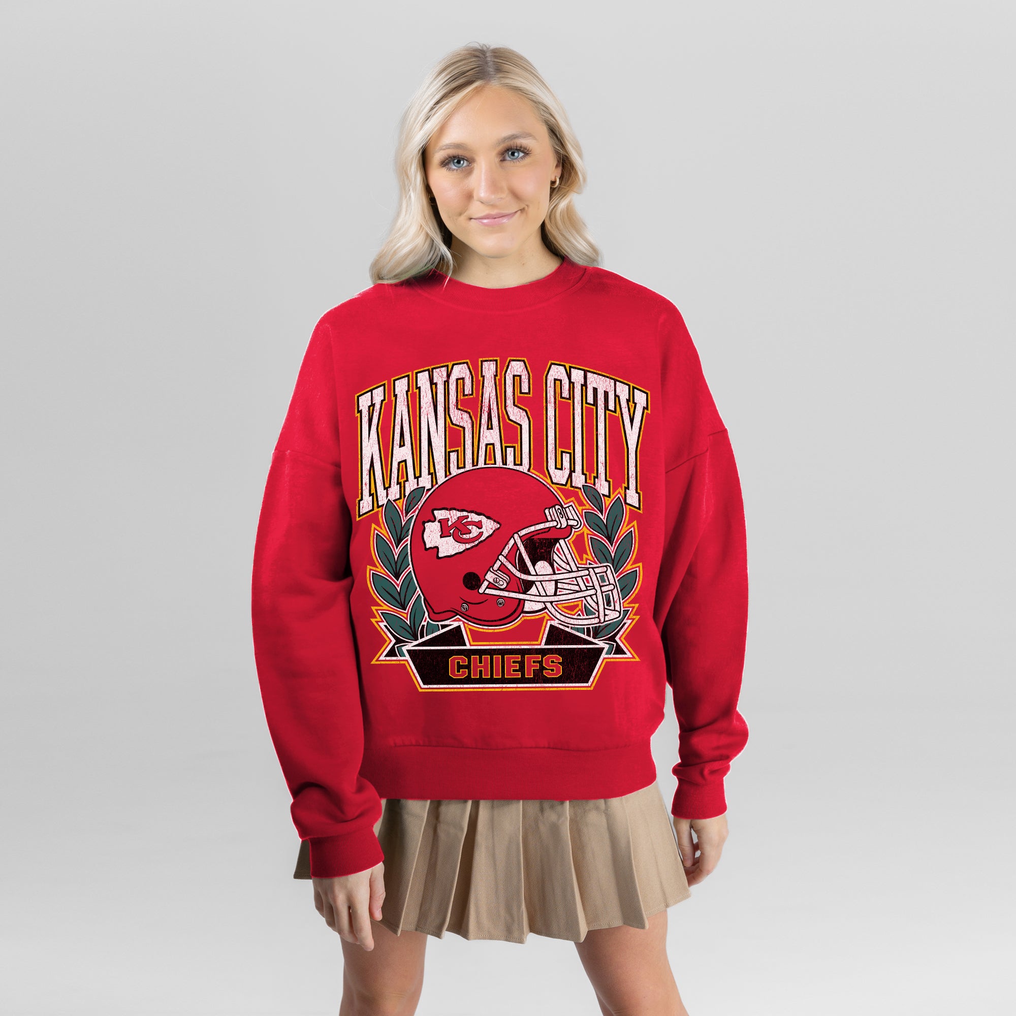KANSAS CITY CHIEFS CLASSIC ARCHIVES PREMIUM FLEECE DROP SHOULDER CREWNECK PULLOVER