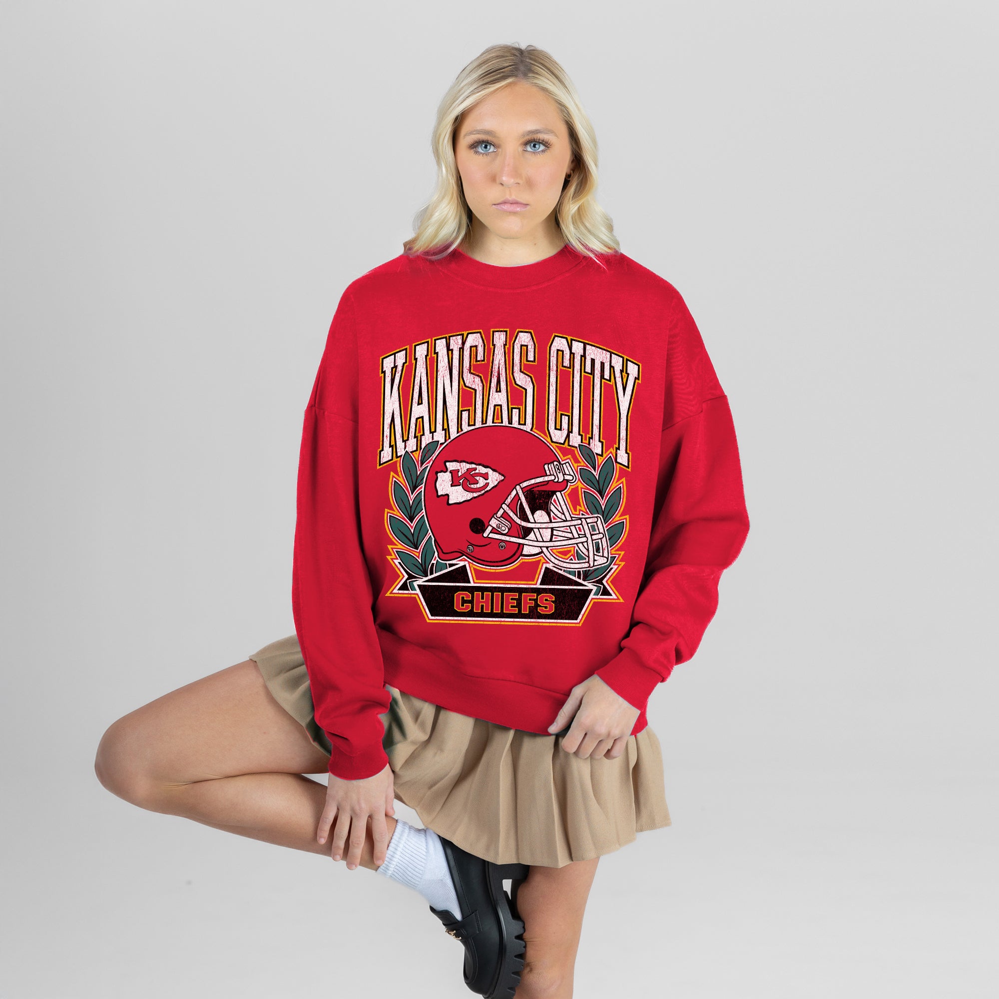 KANSAS CITY CHIEFS CLASSIC ARCHIVES PREMIUM FLEECE DROP SHOULDER CREWNECK PULLOVER