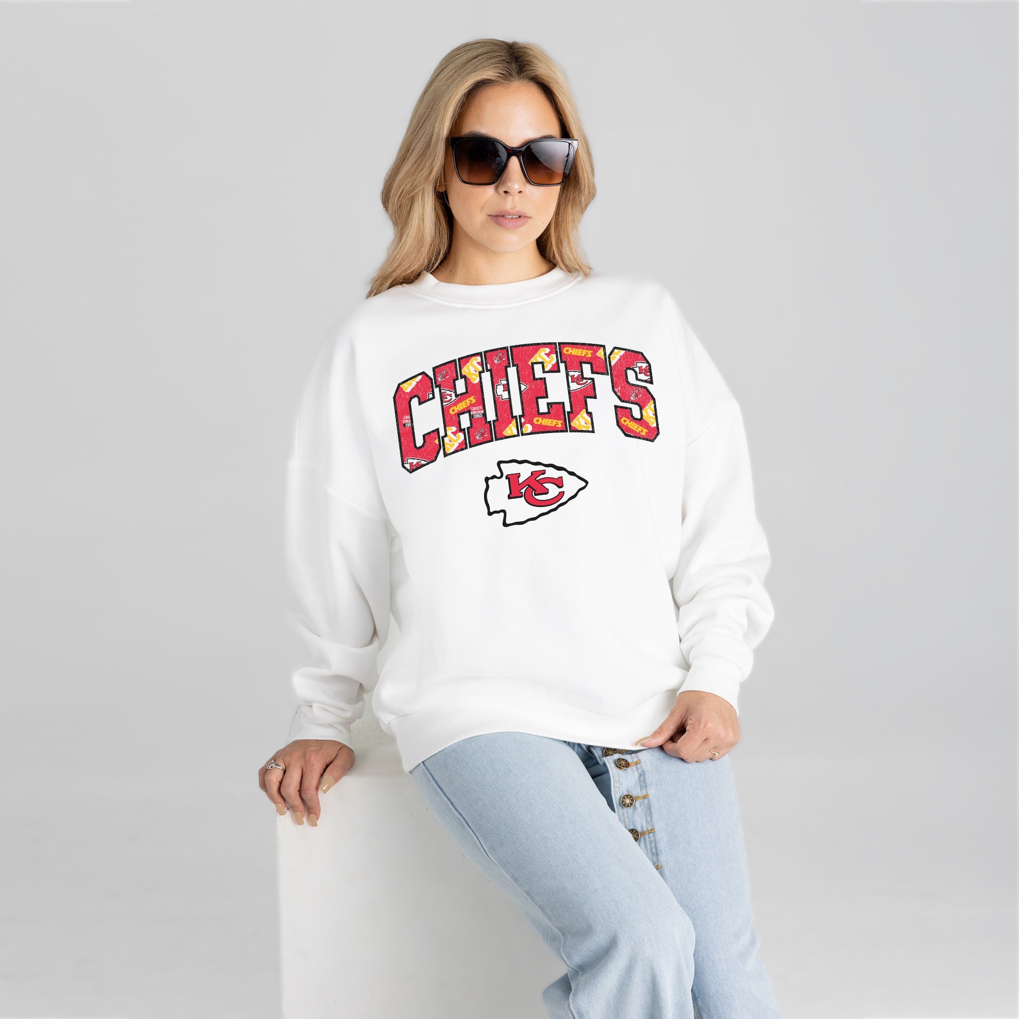 KANSAS CITY CHIEFS SWEET PLAY PREMIUM FLEECE DROP SHOULDER CREWNECK PULLOVER