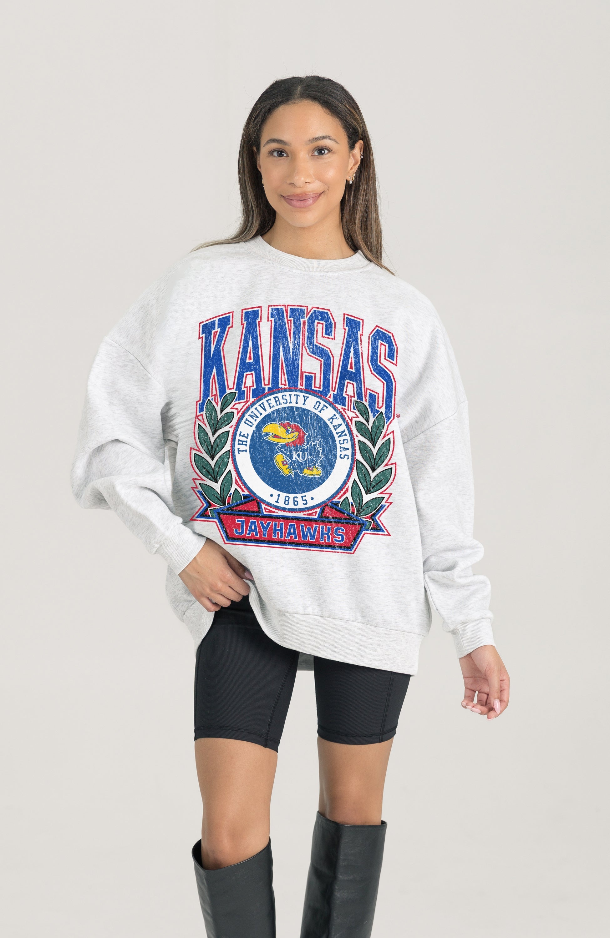 KANSAS JAYHAWKS HERITAGE PREMIUM FLEECE DROP SHOULDER CREWNECK PULLOVER