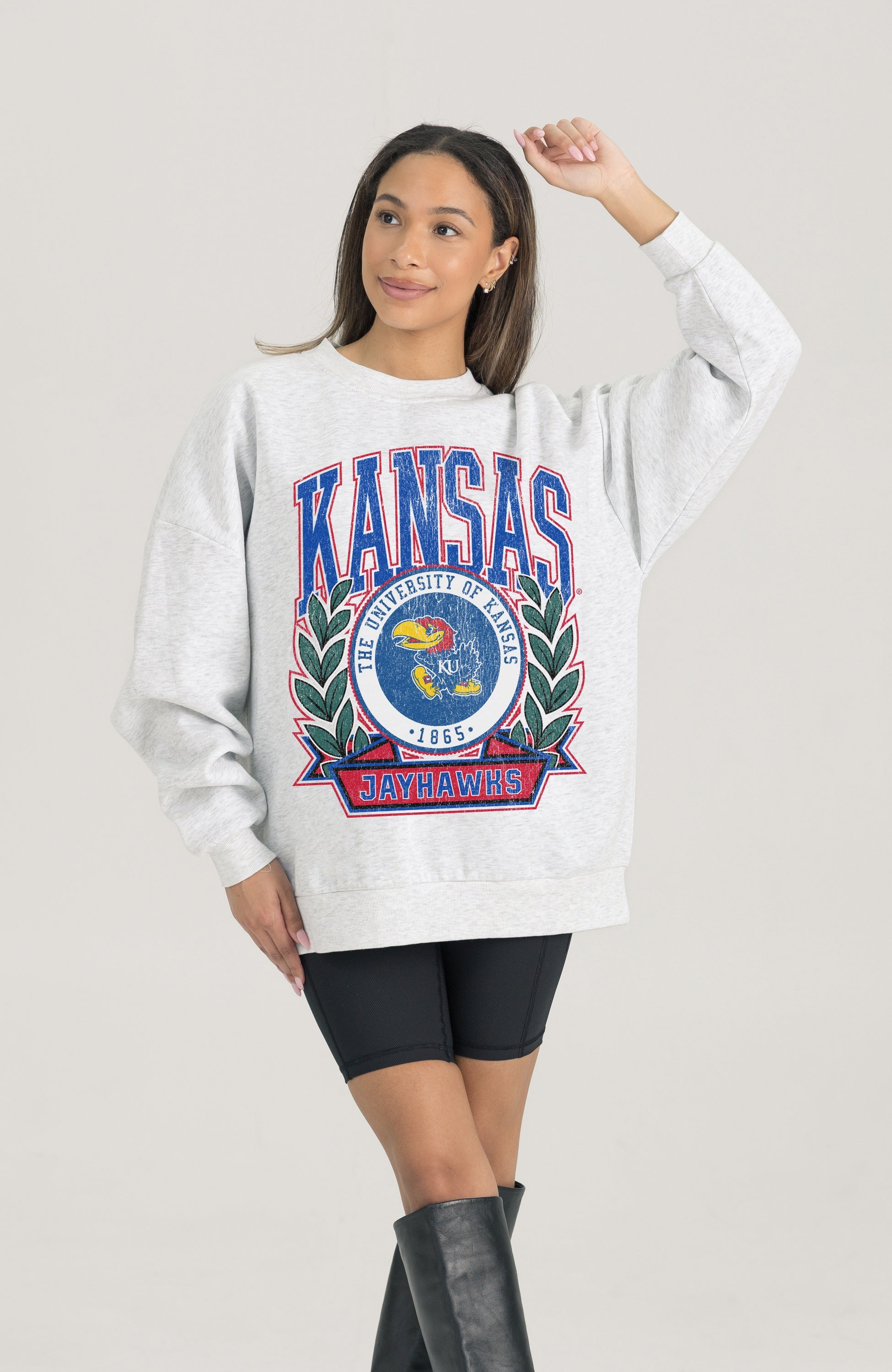 KANSAS JAYHAWKS HERITAGE PREMIUM FLEECE DROP SHOULDER CREWNECK PULLOVER