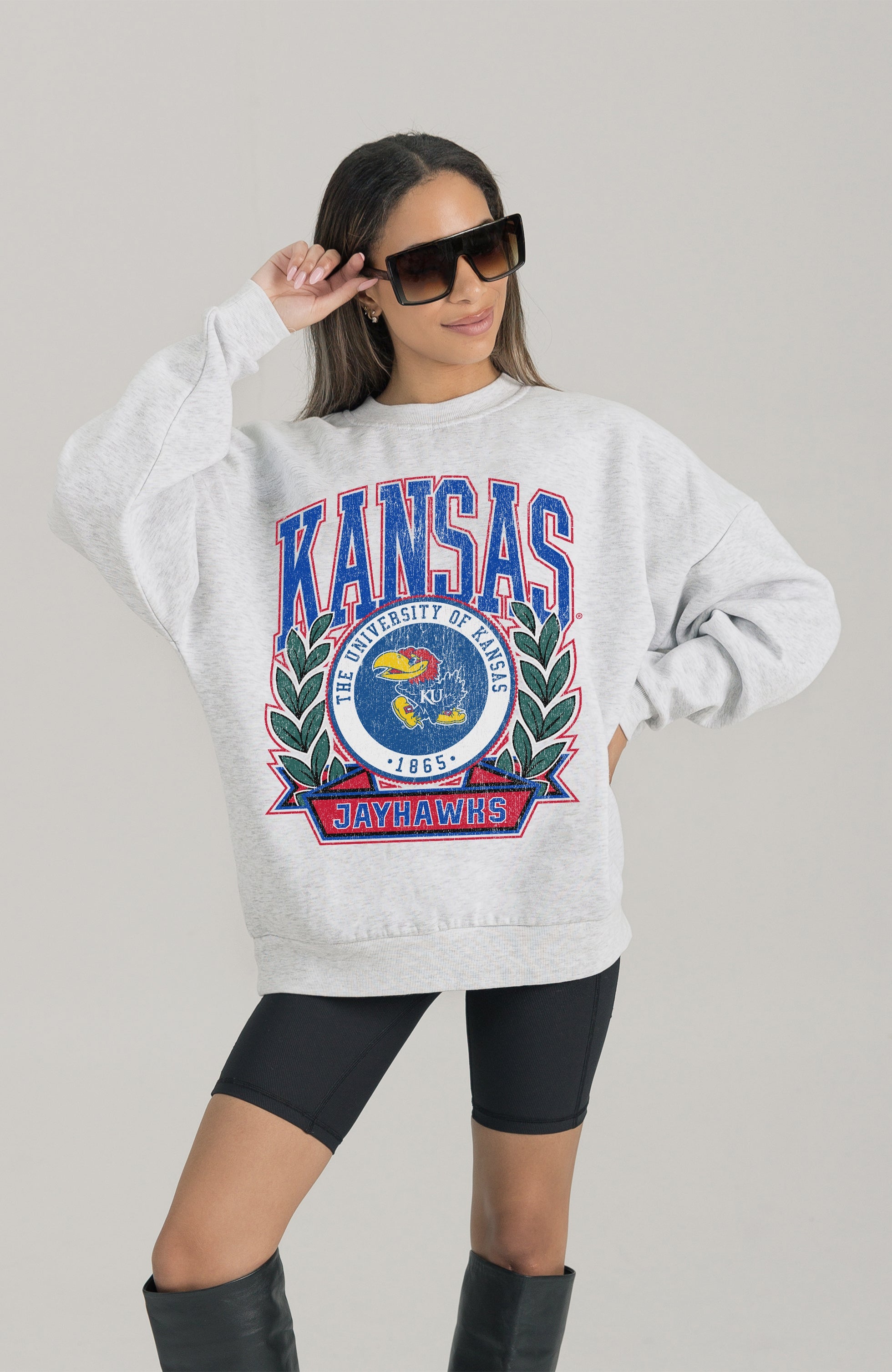 KANSAS JAYHAWKS HERITAGE PREMIUM FLEECE DROP SHOULDER CREWNECK PULLOVER