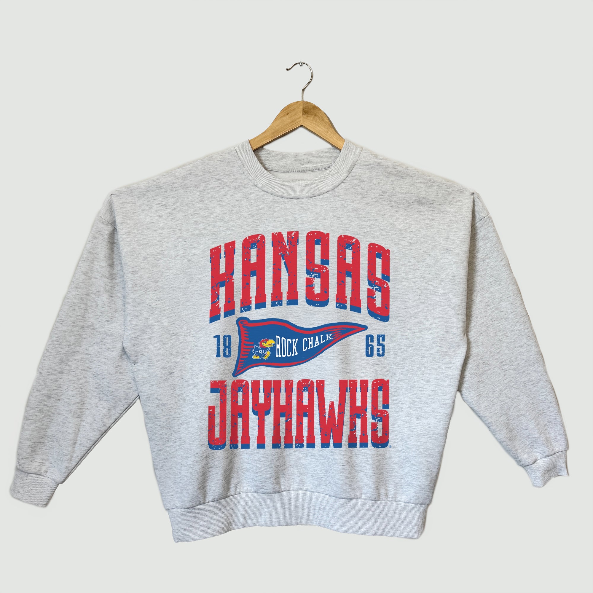 KANSAS JAYHAWKS PENNANT PRIDE PREMIUM FLEECE DROP SHOULDER CREWNECK PULLOVER