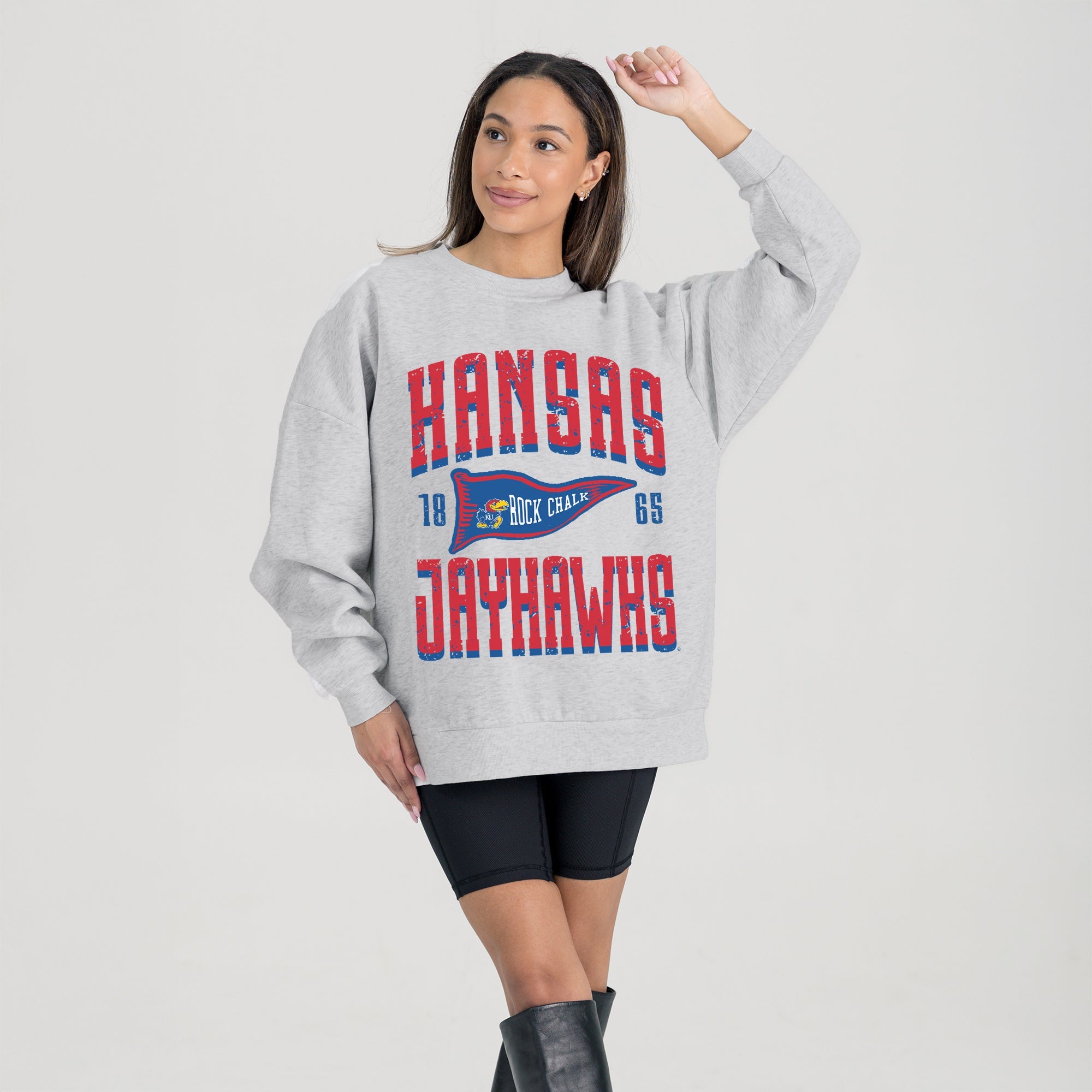 KANSAS JAYHAWKS PENNANT PRIDE PREMIUM FLEECE DROP SHOULDER CREWNECK PULLOVER